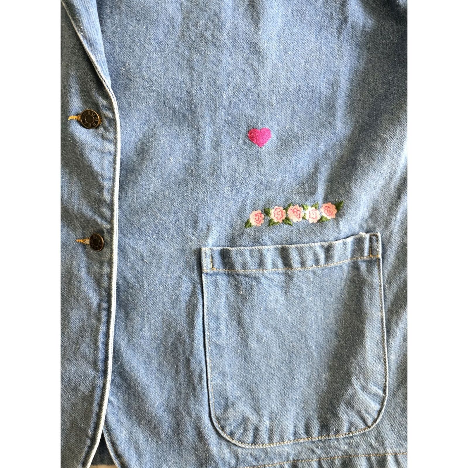 Vintage VINTAGE Sun Belt Denim Jean Jacket Womens Large 80s 90s Floral Heart Embroidered Blue Cotton Demin Size 36" / US 14 / IT 50 - 4 Thumbnail