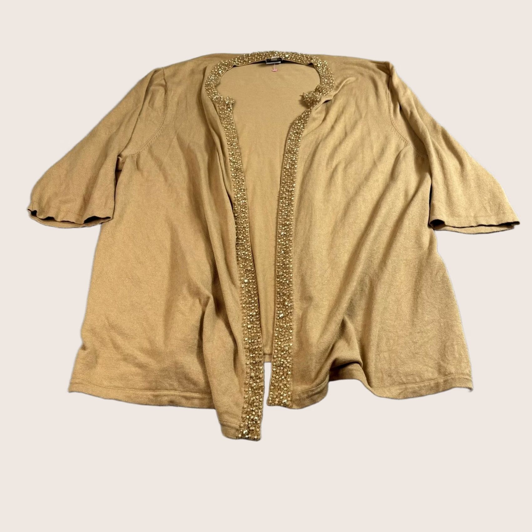 Vintage Alain Weiz Cardigan Sweater Womens 20 Tan Silk Beaded Trim Open Front 3/4 Sleeve Plus Size Mens? Womens Size 3XL / US 20-22 - 1 Thumbnail