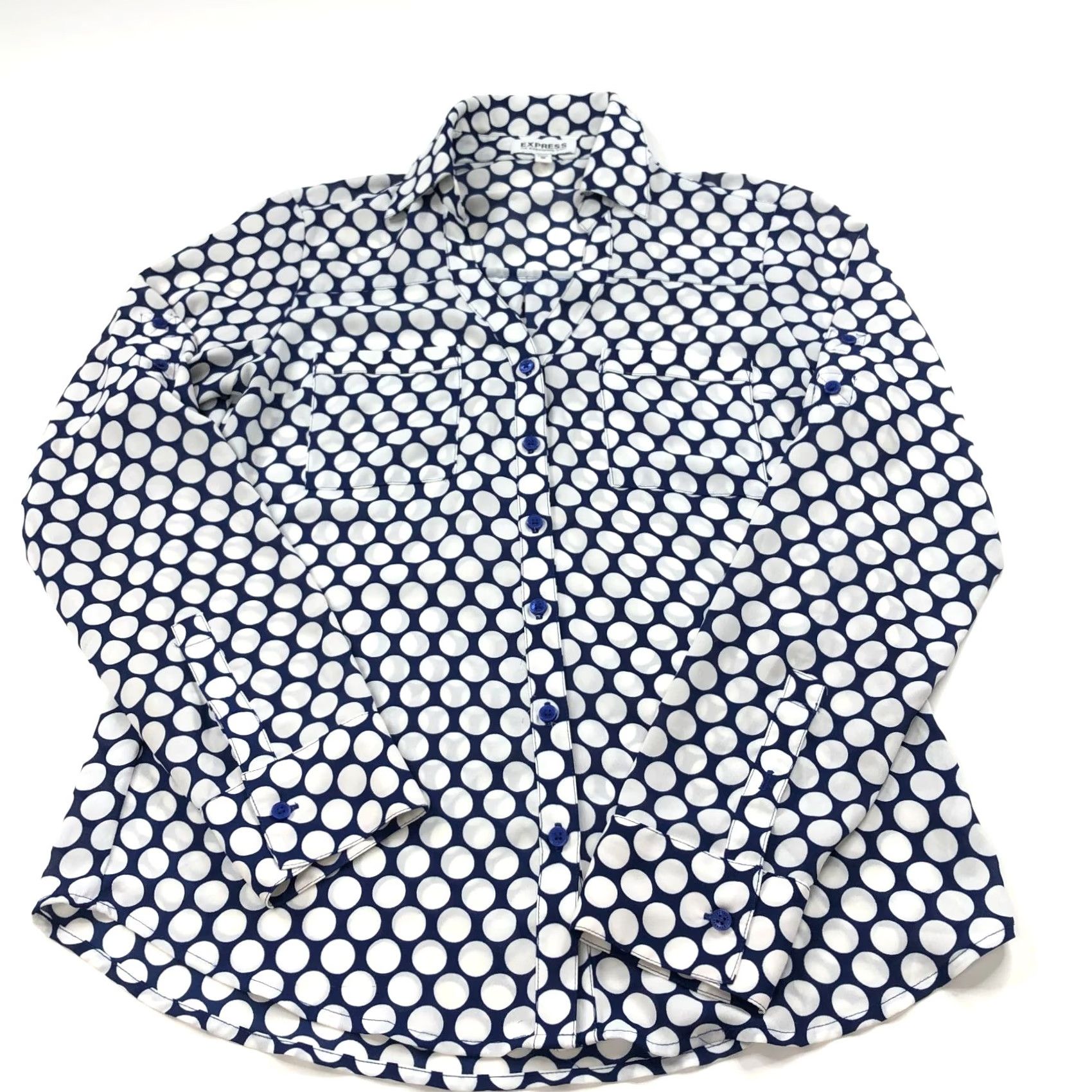 Express Express The Portofino Shirt XS Women Polyester Long Sleeve Polka Dot Shirt Blue Size XS / US 0-2 / IT 36-38 - 2 Thumbnail