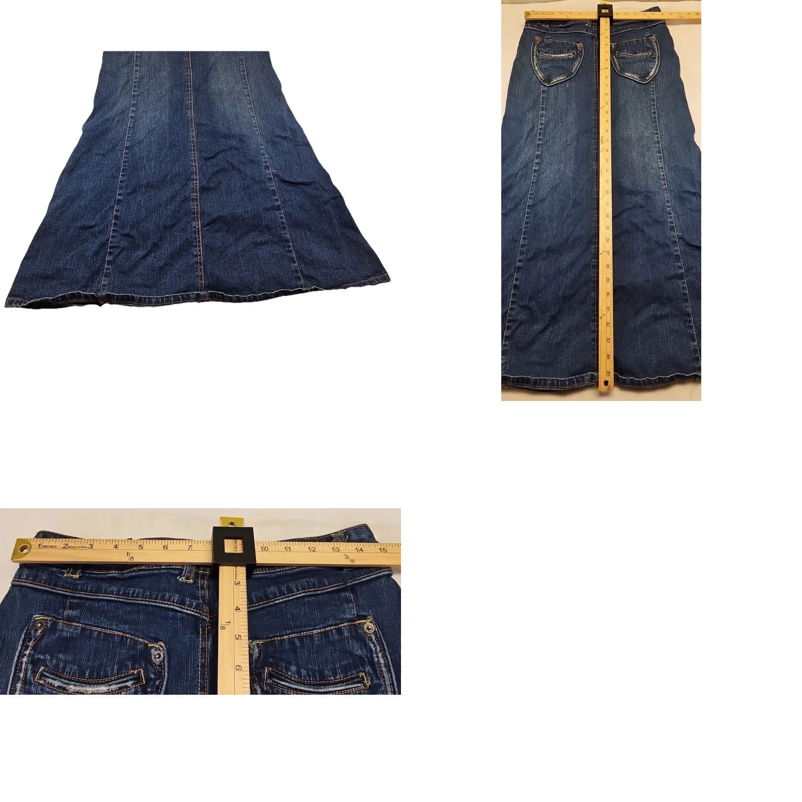 Vintage Y2K Denim Maxi Skirt 7/8 Blue Panel Boho Indie Flare Stretch Raw Hem 2000s Size 28" / US 6 / IT 42 - 8 Thumbnail