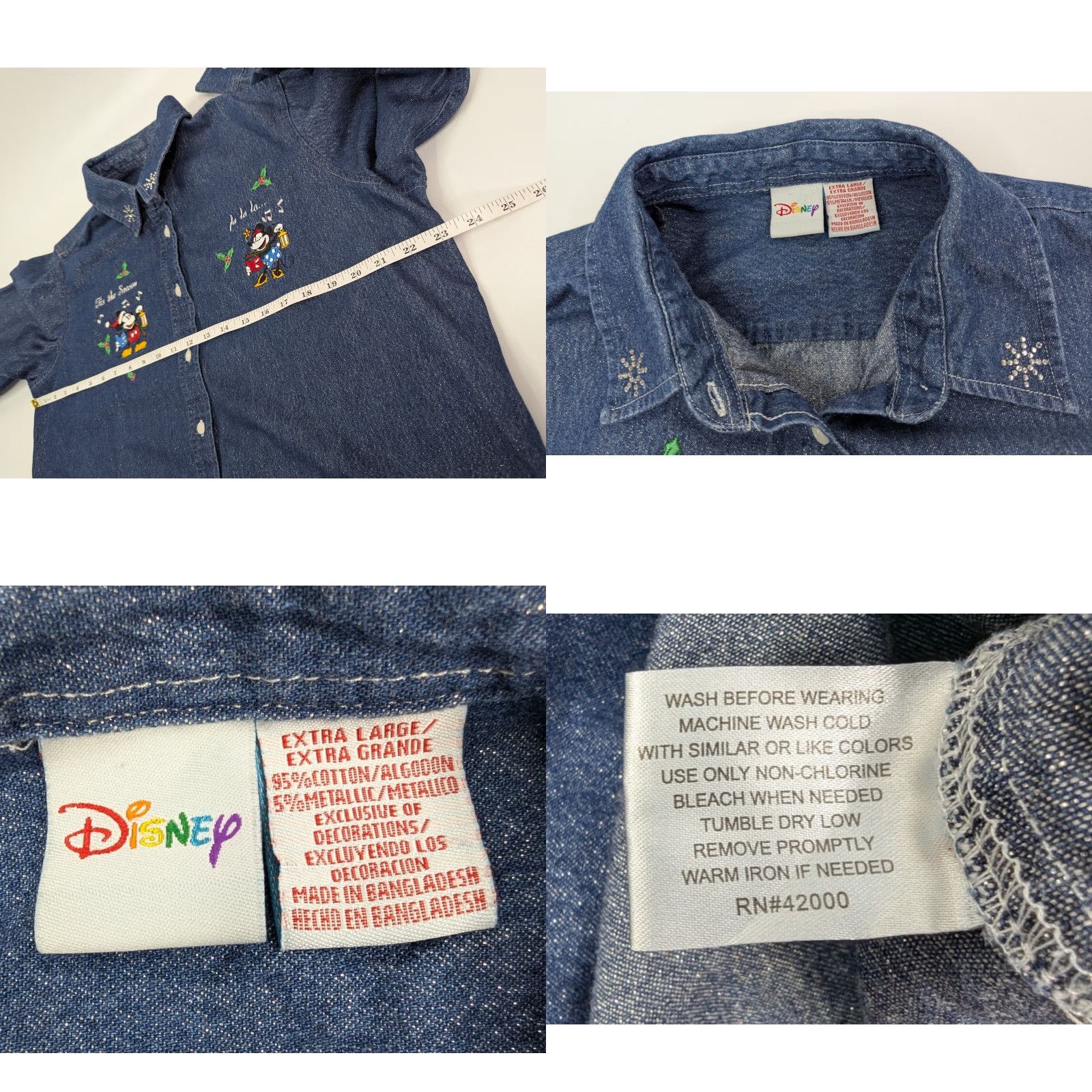 Disney Disney Mickey Mouse Button-Up Denim Shirt Womens XL Christmas Glitter Embroidered Blue Cotton Blend Button Closure Ladies Holiday Christmas Theme Size XL / US 12-14 / IT 48-50 - 8 Thumbnail