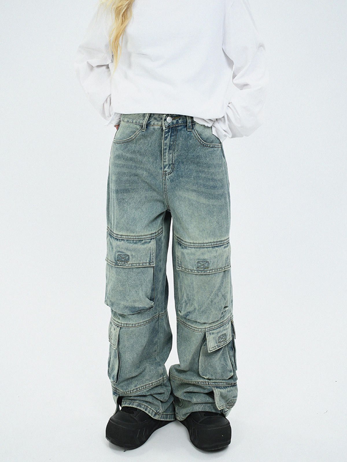 Japanese Brand Multi Pocket Cargo Wide Leg Jeans Size US 32 / EU 48 - 3 Thumbnail