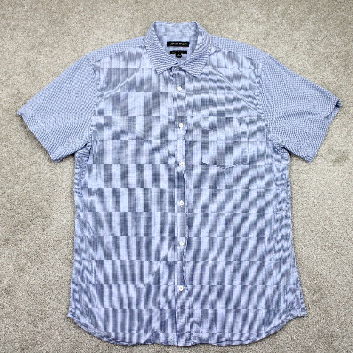 Banana Republic Banana Republic Shirt Men L Blue/White Checkered Textured S/S Slim Fit Button-Up, Casual, Workwear, Boys? No, Mens, Blue Size US L / EU 52-54 / 3 - 2 Thumbnail