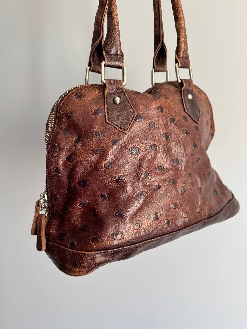 Vintage Vintage Leather Handbag Ostrich Embossed Brown Shoulder Bag Size ONE SIZE - 4 Thumbnail