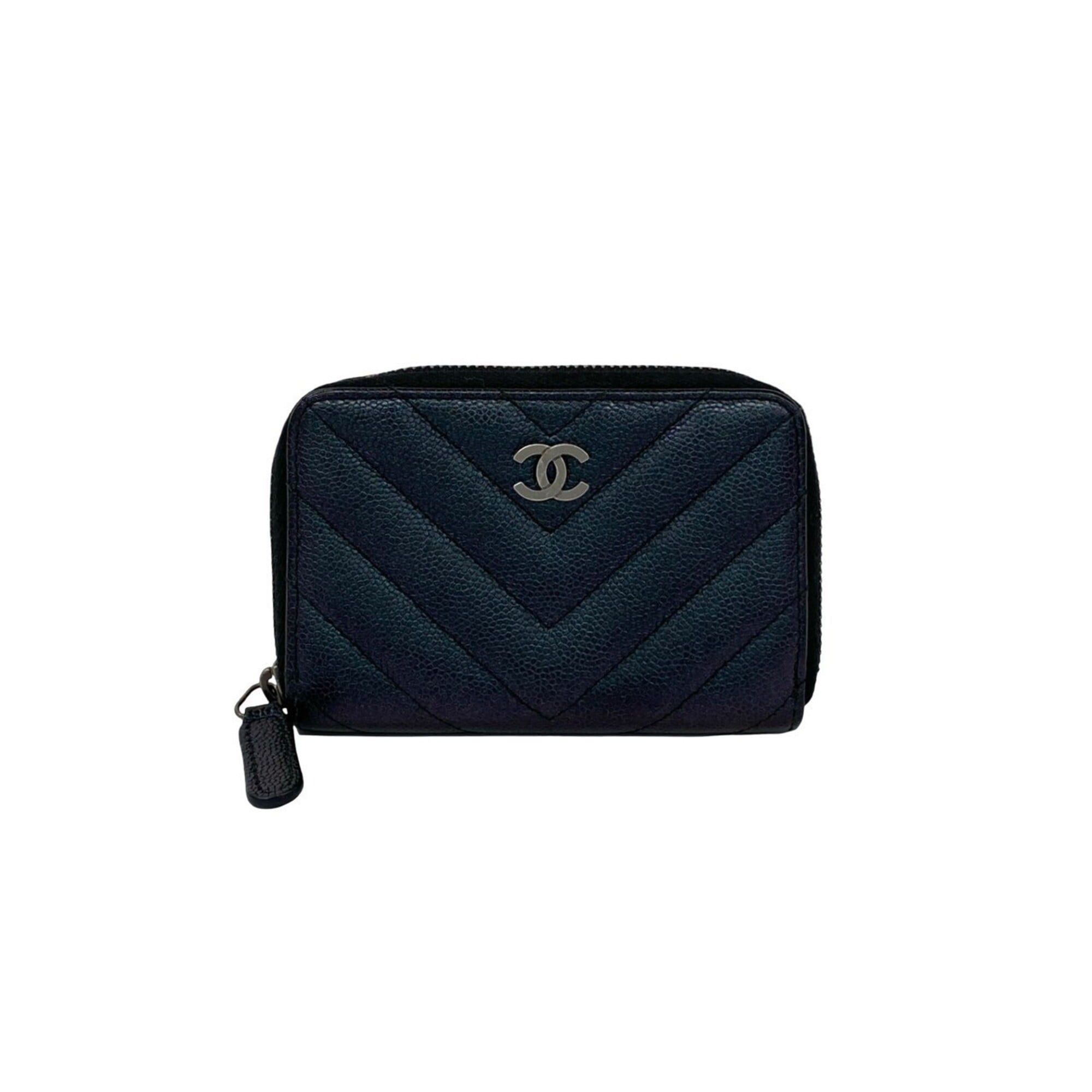 Chanel CHANEL Coco Mark Chevron Caviar Leather Wallet/Coin Purse, Black pj7-3 Size ONE SIZE - 1 Thumbnail