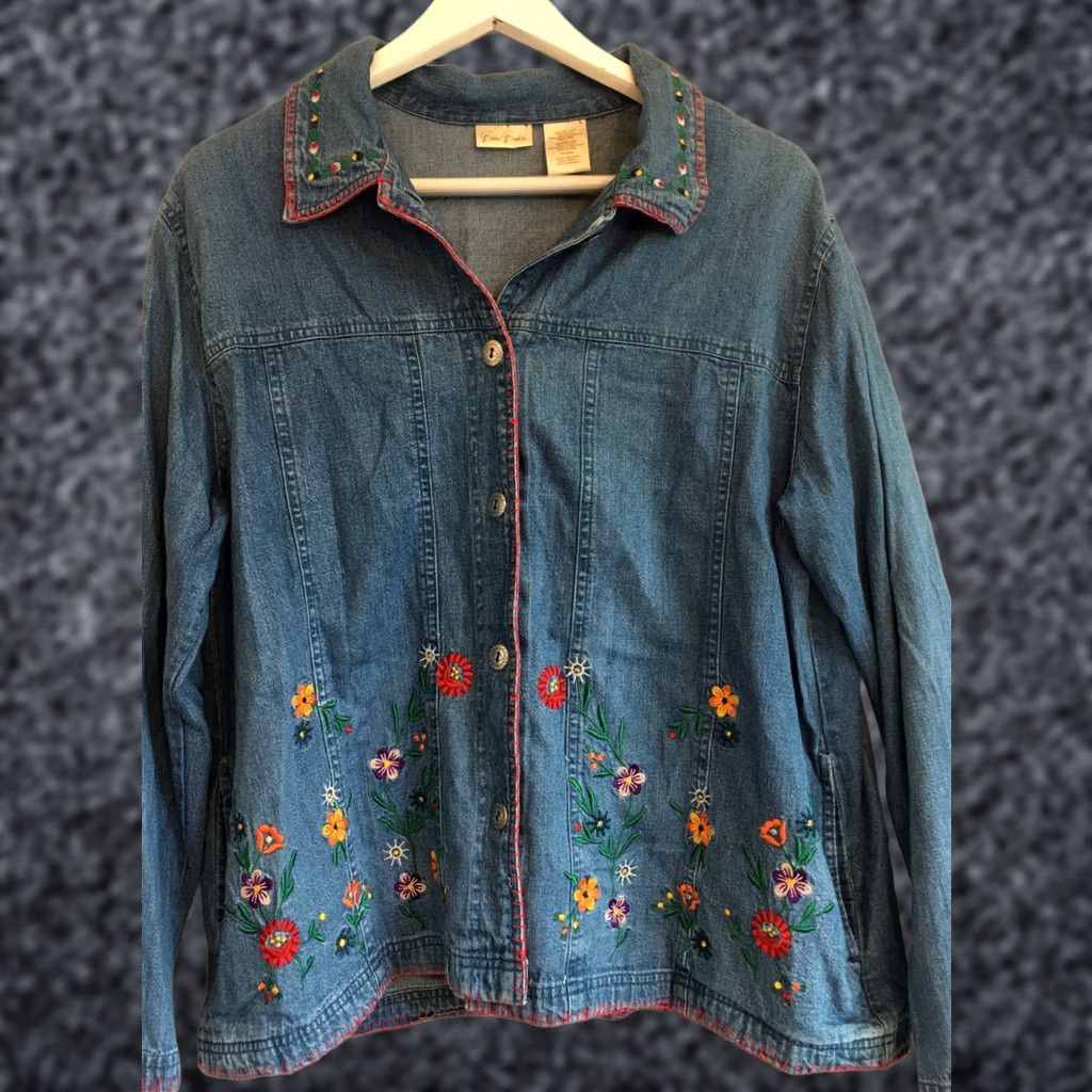 Vintage Bobbie Brooks Womens XL Blue Lightweight Denim Jacket Embroidered Flower Casual Size XL / US 12-14 / IT 48-50 - 1 Thumbnail