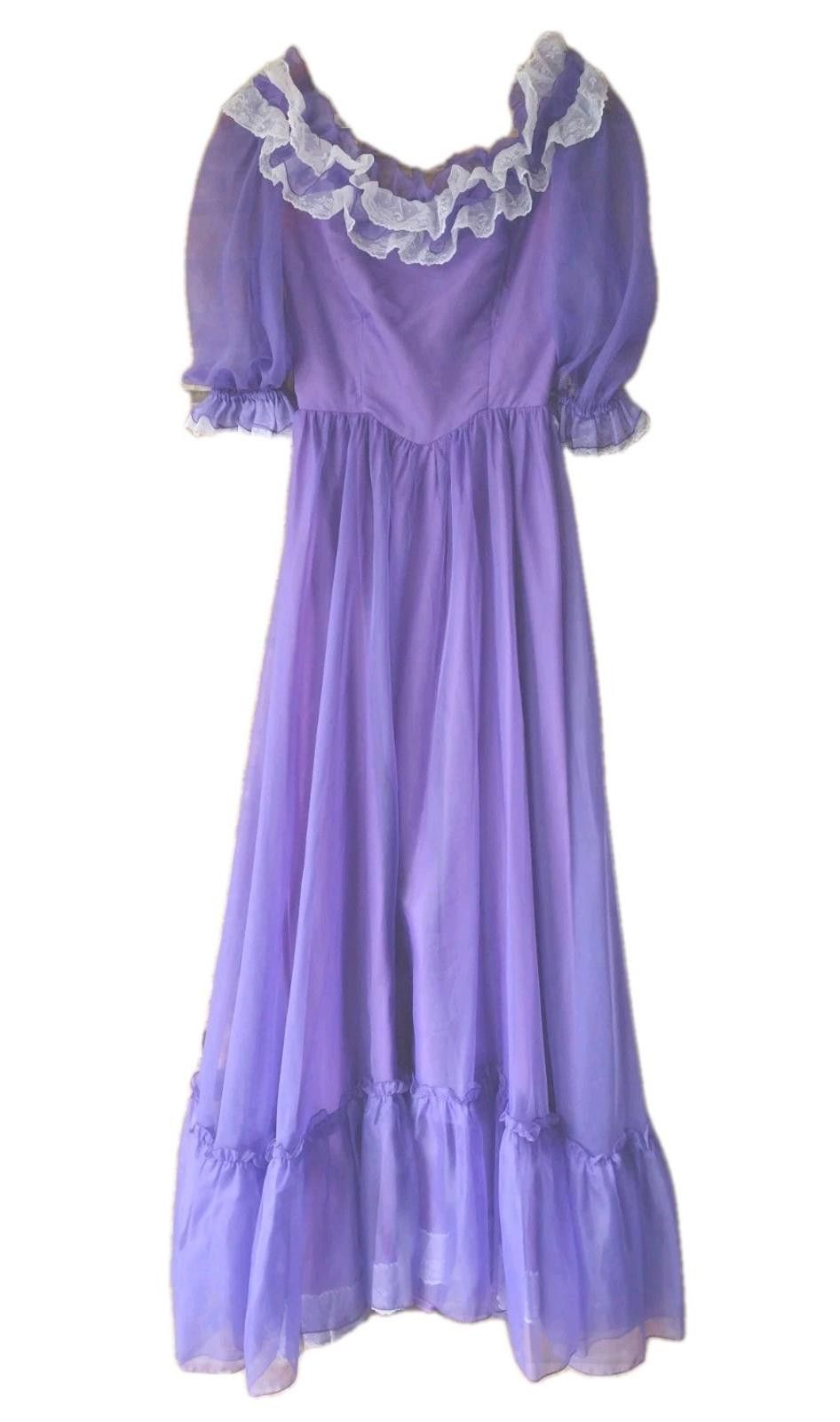 The Unbranded Brand 70s Purple Chiffon Prairie Gown Lace Ruffles Satin Lining S Size S / US 4 / IT 40 - 1 Thumbnail