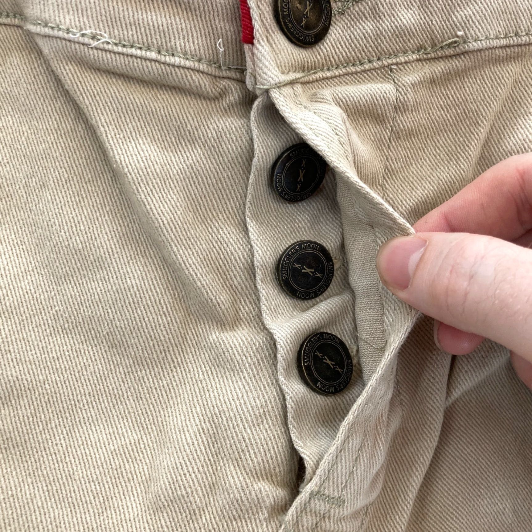 Denime Smugglers Moon Jeans Mens 42x33 Khaki Beige Denim Button Fly Roll Up Distressed Jeans Distressed Casual Slim 5-Pocket Denim Skull Logo Men Size US 42 / EU 58 - 7 Thumbnail