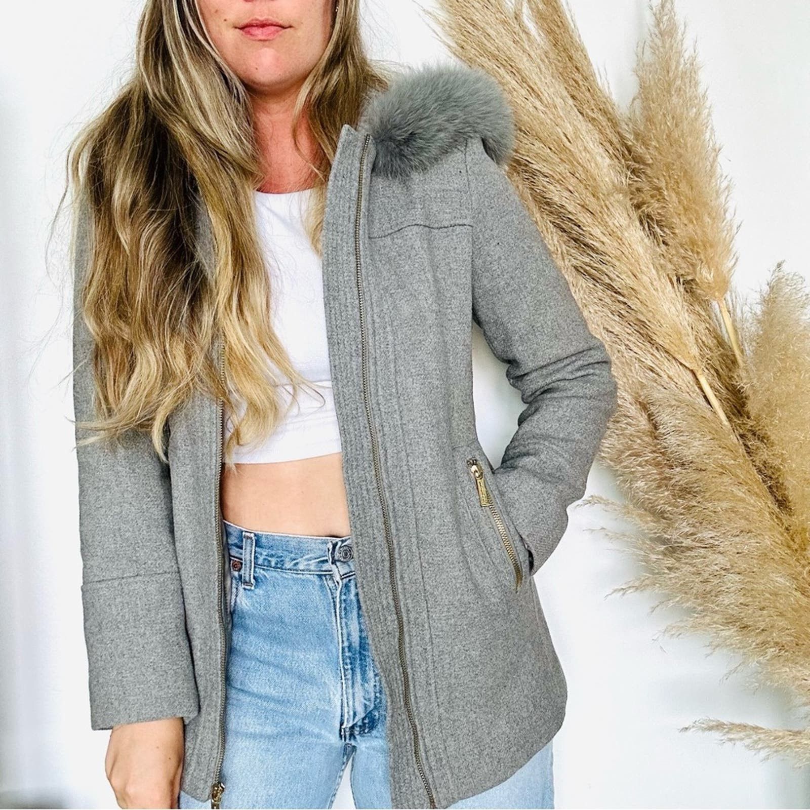 image of Mk Michael Kors Grey Wool Rabbit Fur Hood Jacket Pea Coat, Women's (Size XS)