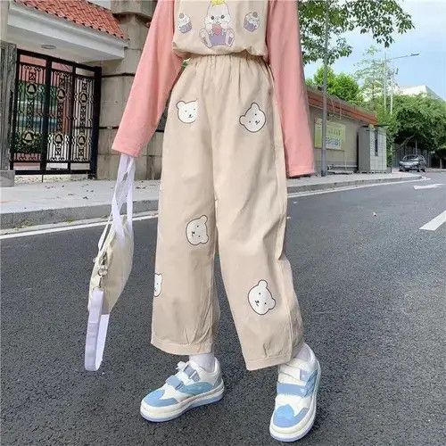 Japanese Brand Kawaii Soft Girl Bear Printing Women Pants Basis Size 32" / US 10 / IT 46 - 2 Thumbnail