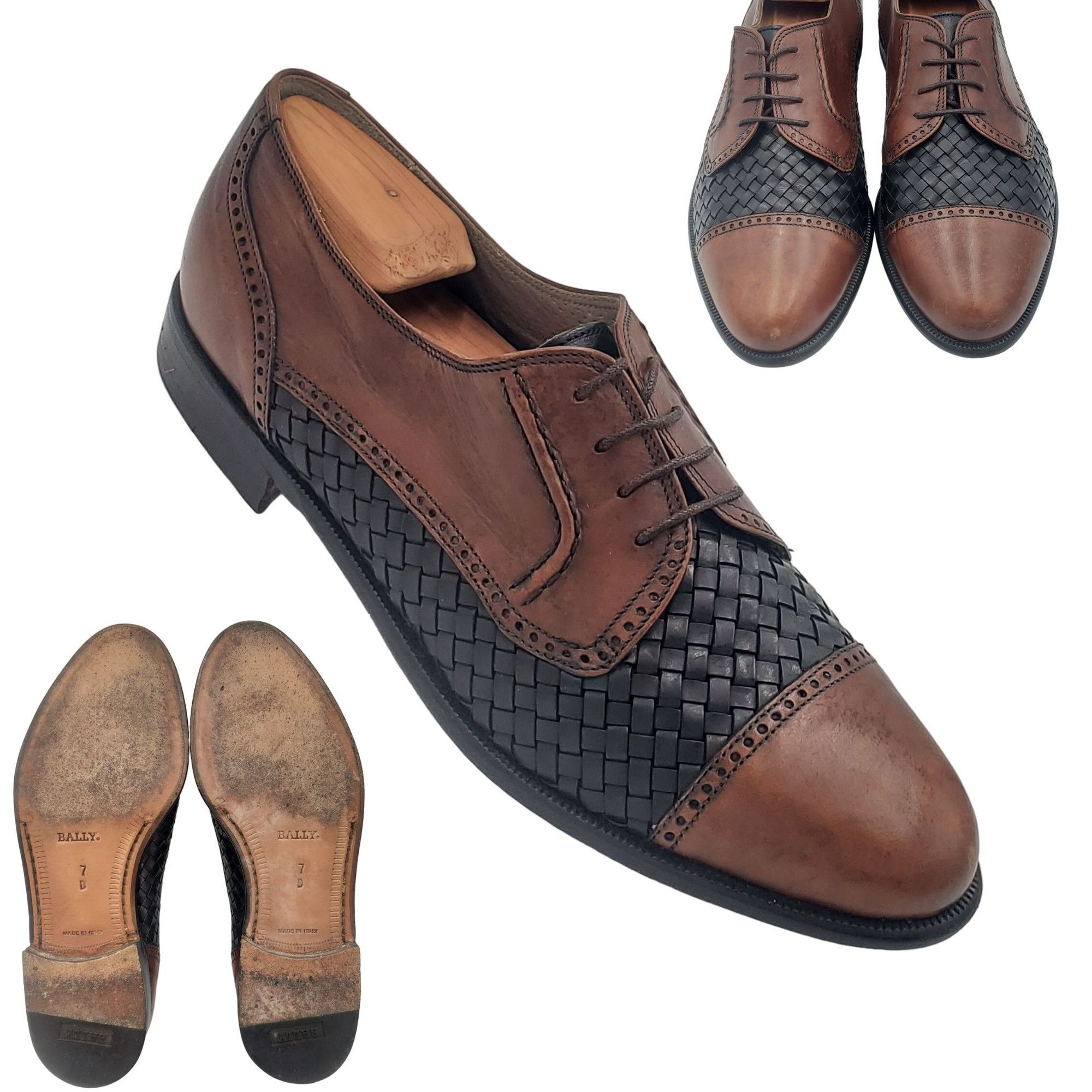 image of Vintage Bally "elvino" Men 7 Italy Black Brown Woven Leather Shoes