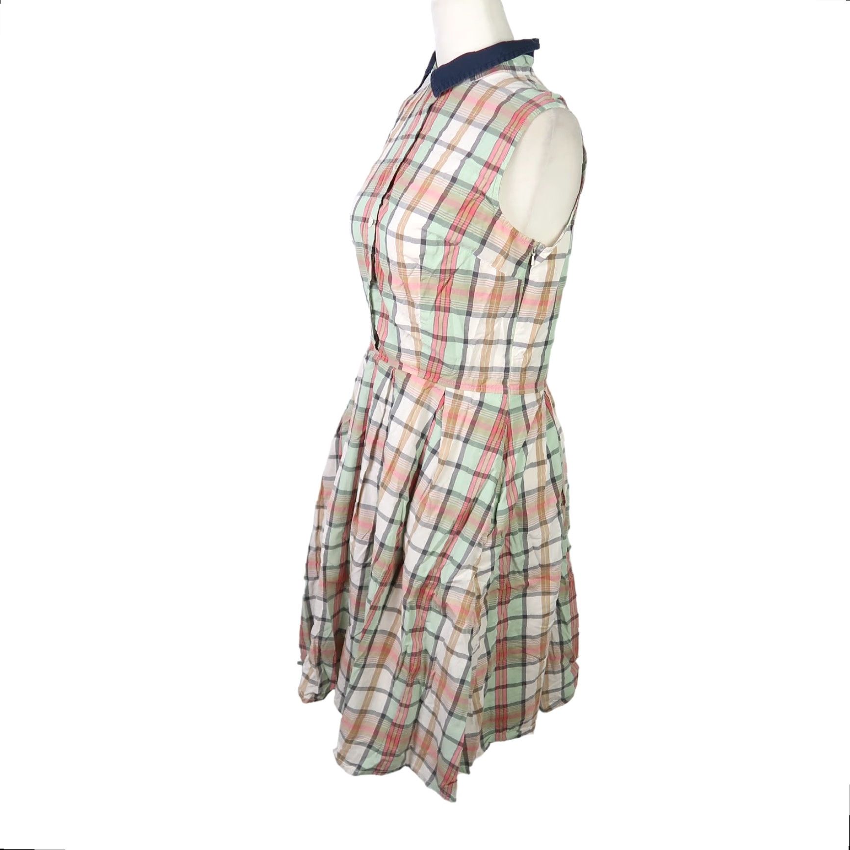 Vintage VINTAGE Eshakti Shirt Dress Midi Cotton Plaid Cream Red Green Navy Button Sleeveless A-Line Womens S Size S / US 4 / IT 40 - 3 Thumbnail