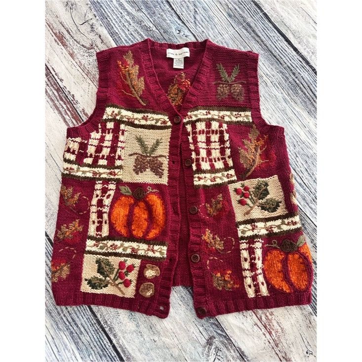Croft & Barrow Vintage Croft & Barrow Burgundy Fall Patchwork Knit Vest wit Size S / US 4 / IT 40 - 2 Thumbnail