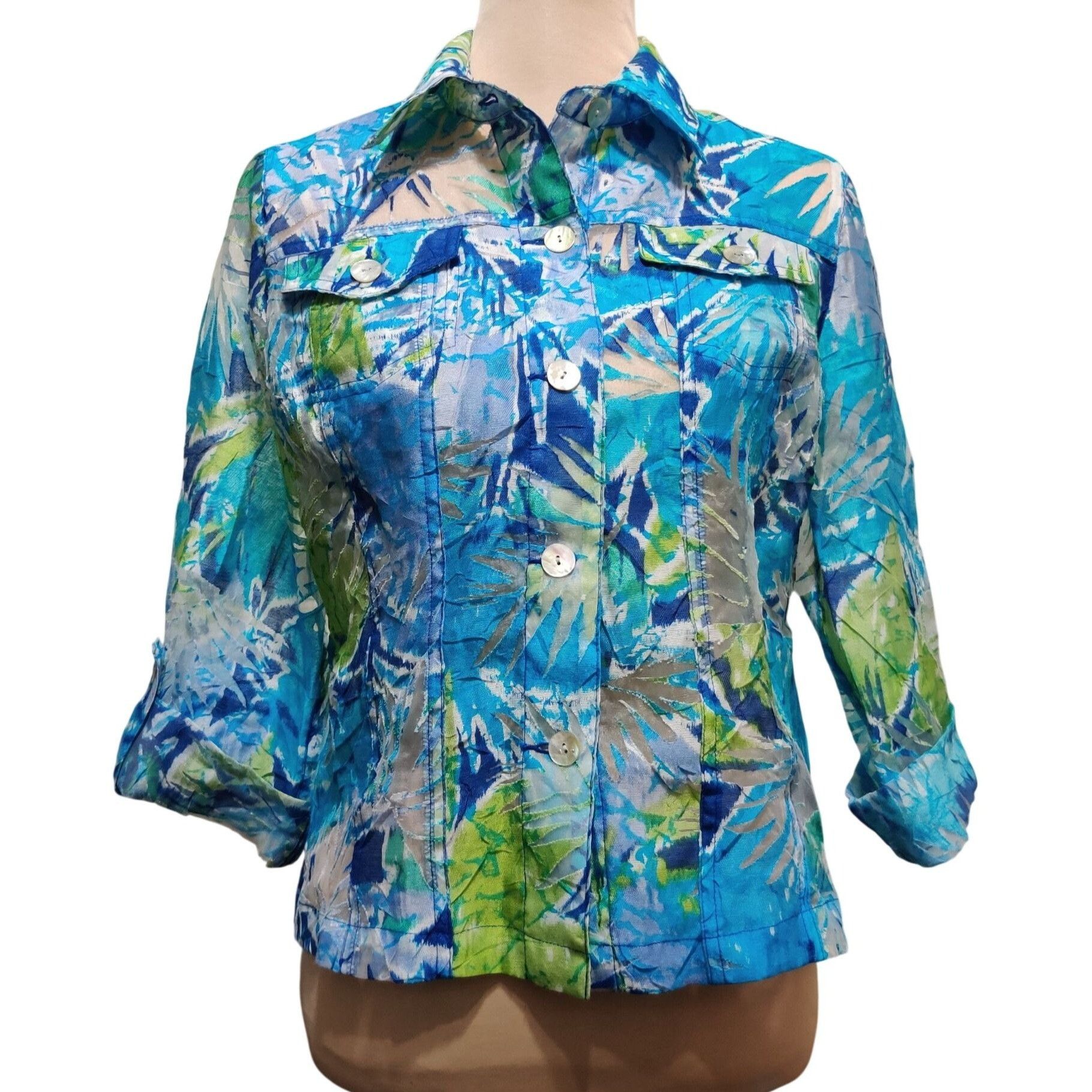 Other Ruby Rd 10 Womens Blue Green Blouse Tropical Button Front Se Size L / US 10 / IT 46 - 12 Thumbnail
