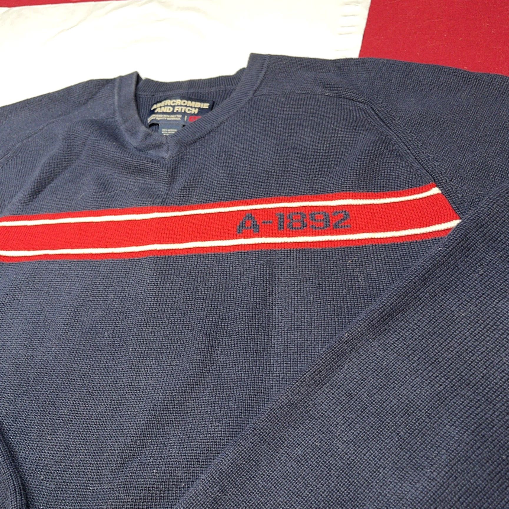 Abercrombie & Fitch VINTAGE Abercrombie & Fitch BLUE Sweater Red A-1892 STRIPE ACROSS chest Preppy Men XL Knit Pullover V-Neck 90s Size US XL / EU 56 / 4 - 4 Thumbnail
