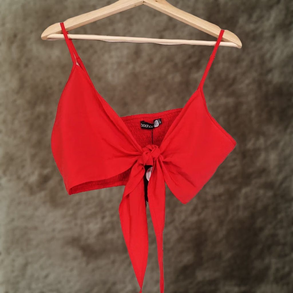 Boohoo Tank Womens Tall 10 Red V-Neck Cropped Tie Front Strappy Top Bow Detail, Women's