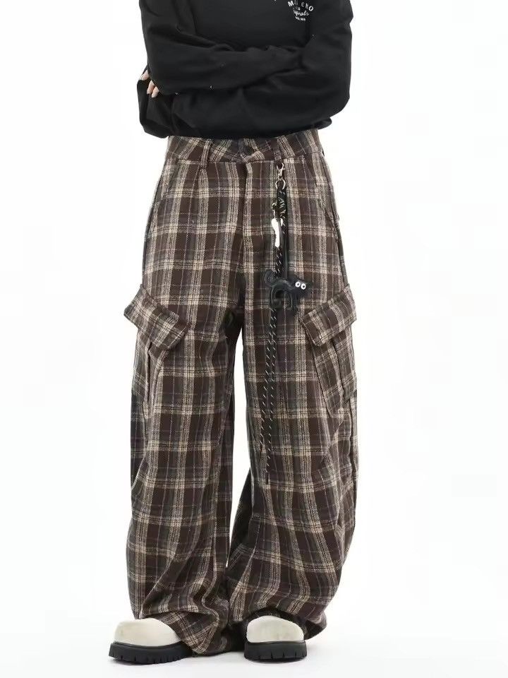 Y2K Grunge Plaid Ultra Wide Leg Cargo Pants Brown Check Flan, Men's (Size 31)