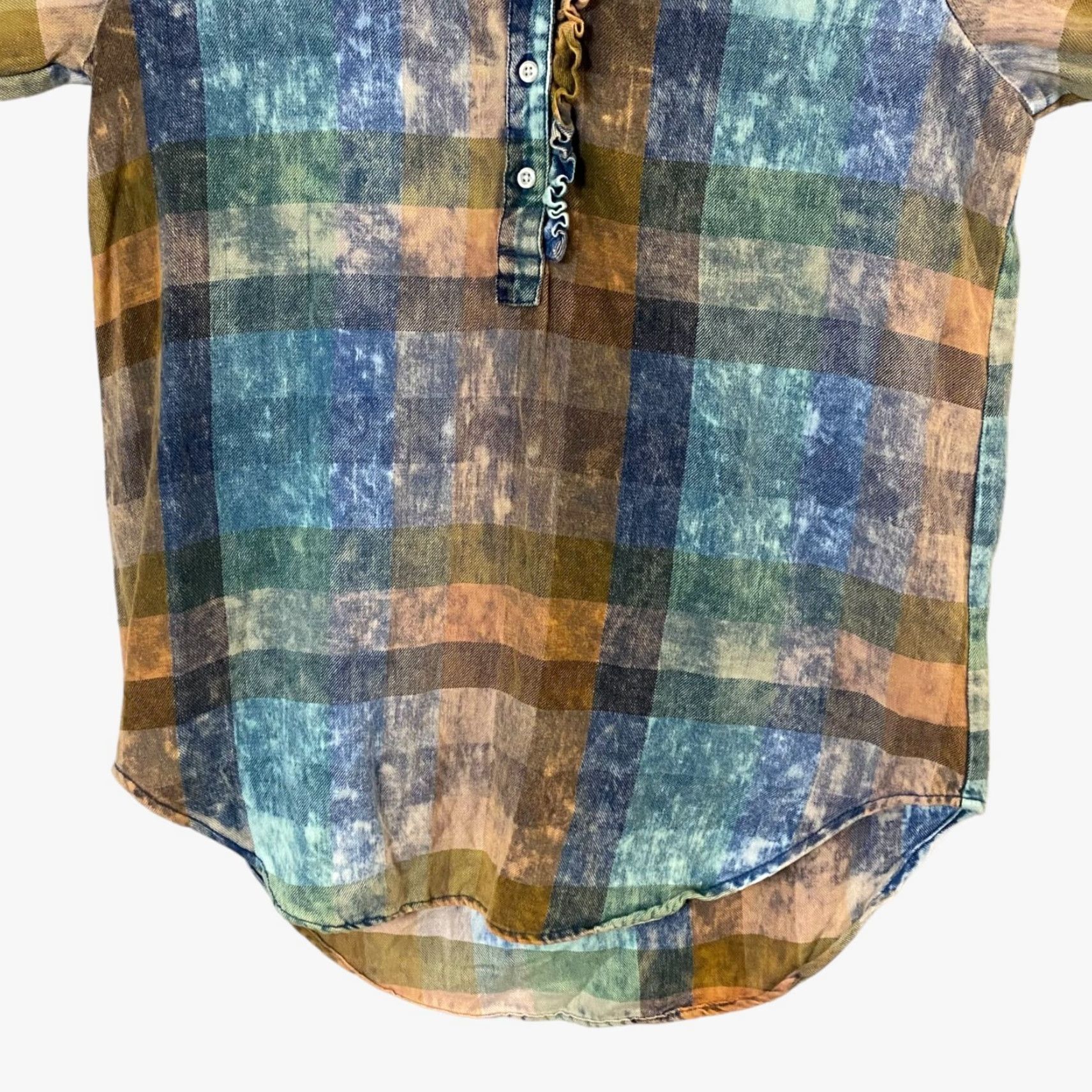 Anthropologie Anthropologie Isabelle Sinclair Ruffle Henley Top Women's S Acid-Washed Tonal Check Multicolor Button-Up Size S / US 4 / IT 40 - 6 Thumbnail