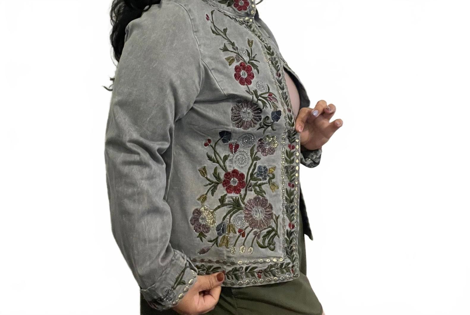 Designer Tempo Paris Embroidered Gray Jacket with Floral Design Size L / US 10 / IT 46 - 2 Thumbnail