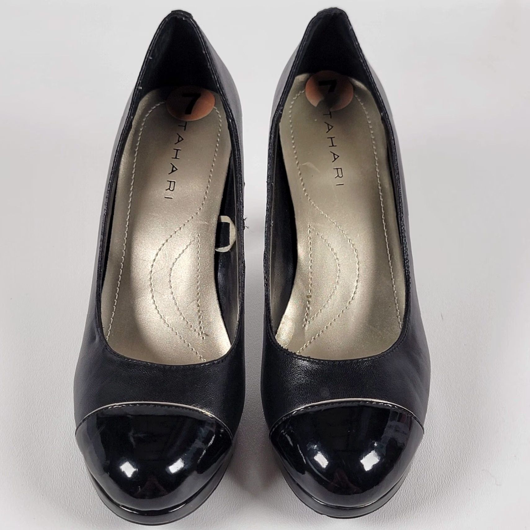 Vintage Tahari Laurie Womens Size 7 Black Leather Cap Toe 4" Heels Pumps Dress Shoes Leather Patent Leather Cap Toe Stiletto Womens Shoes Size M / US 6-8 / IT 42-44 - 2 Thumbnail