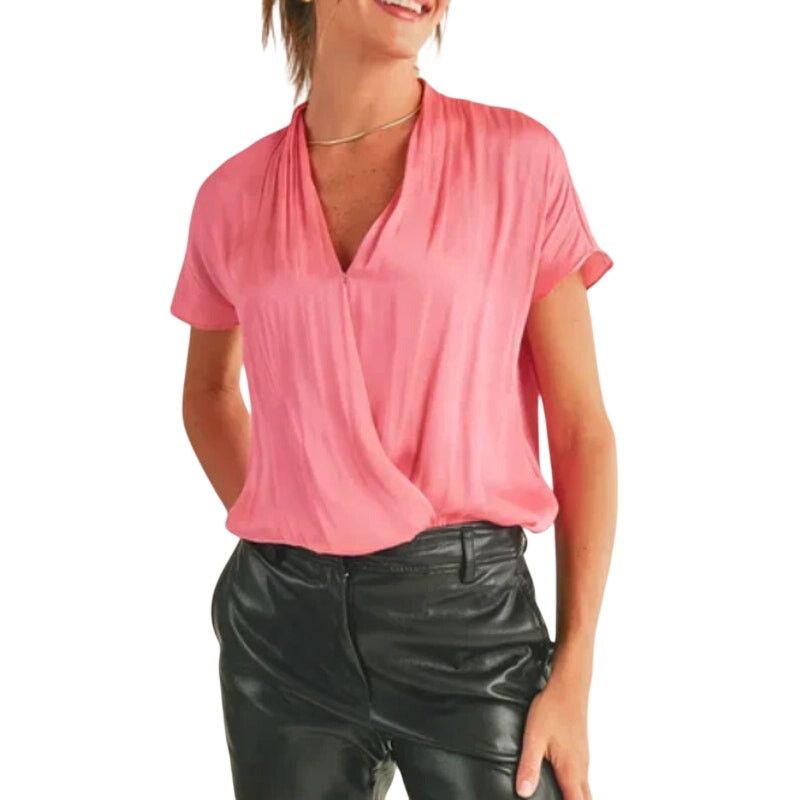 Other Pink Front V-Neck Short Sleeve Bubble Top Satin Bodysuit Size S / US 4 / IT 40 - 1 Thumbnail