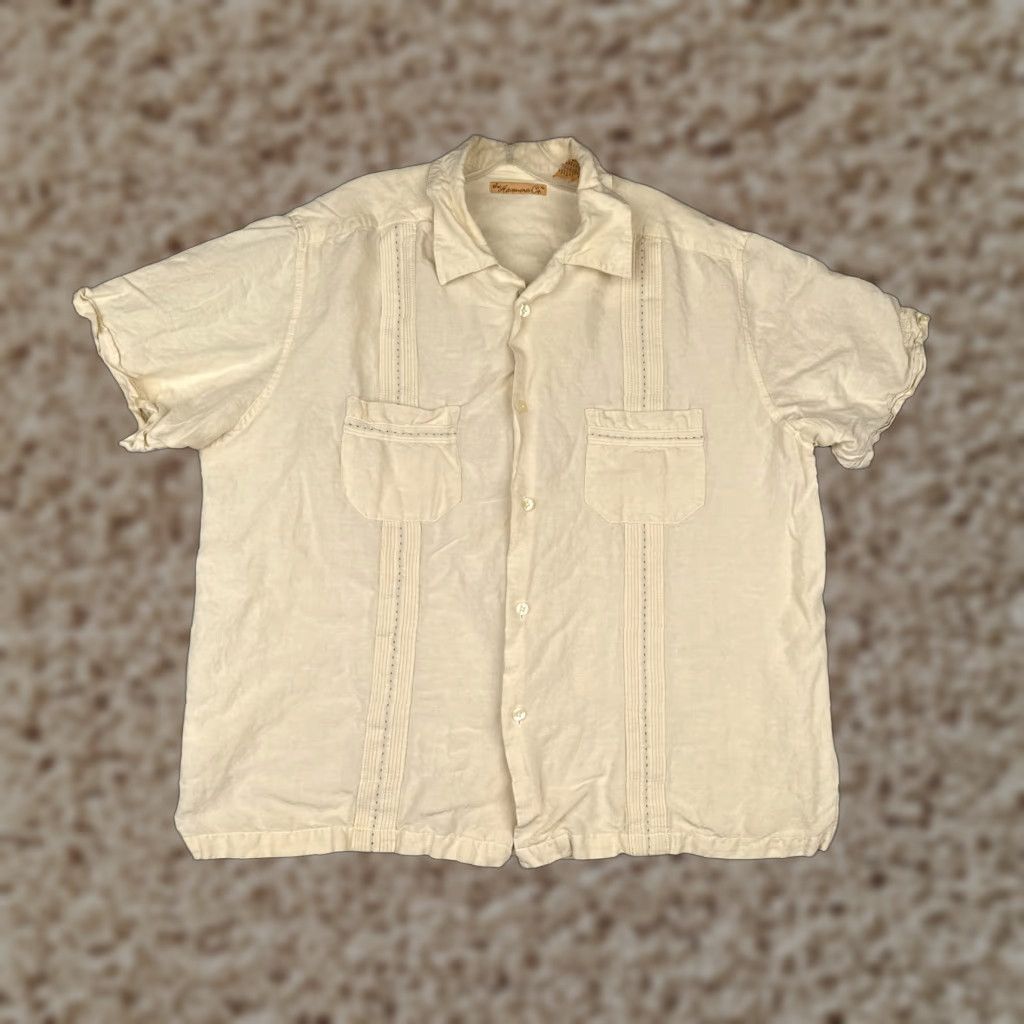 Vintage The Havanera Co Guayabera Shirt Men XL Yellow 4 Pocket Linen Blend Size US XL / EU 56 / 4 - 1 Thumbnail