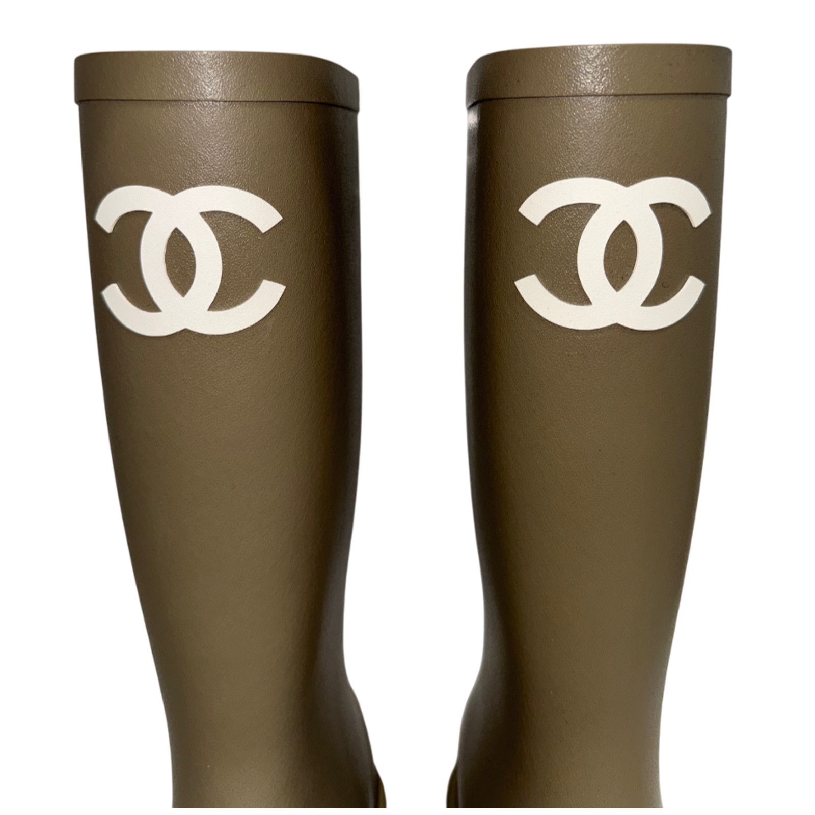Chanel Dark Beige Moss Green White CC Logo High Rubber Rain Boot 42 Size US 12 / IT 42 - 8 Thumbnail