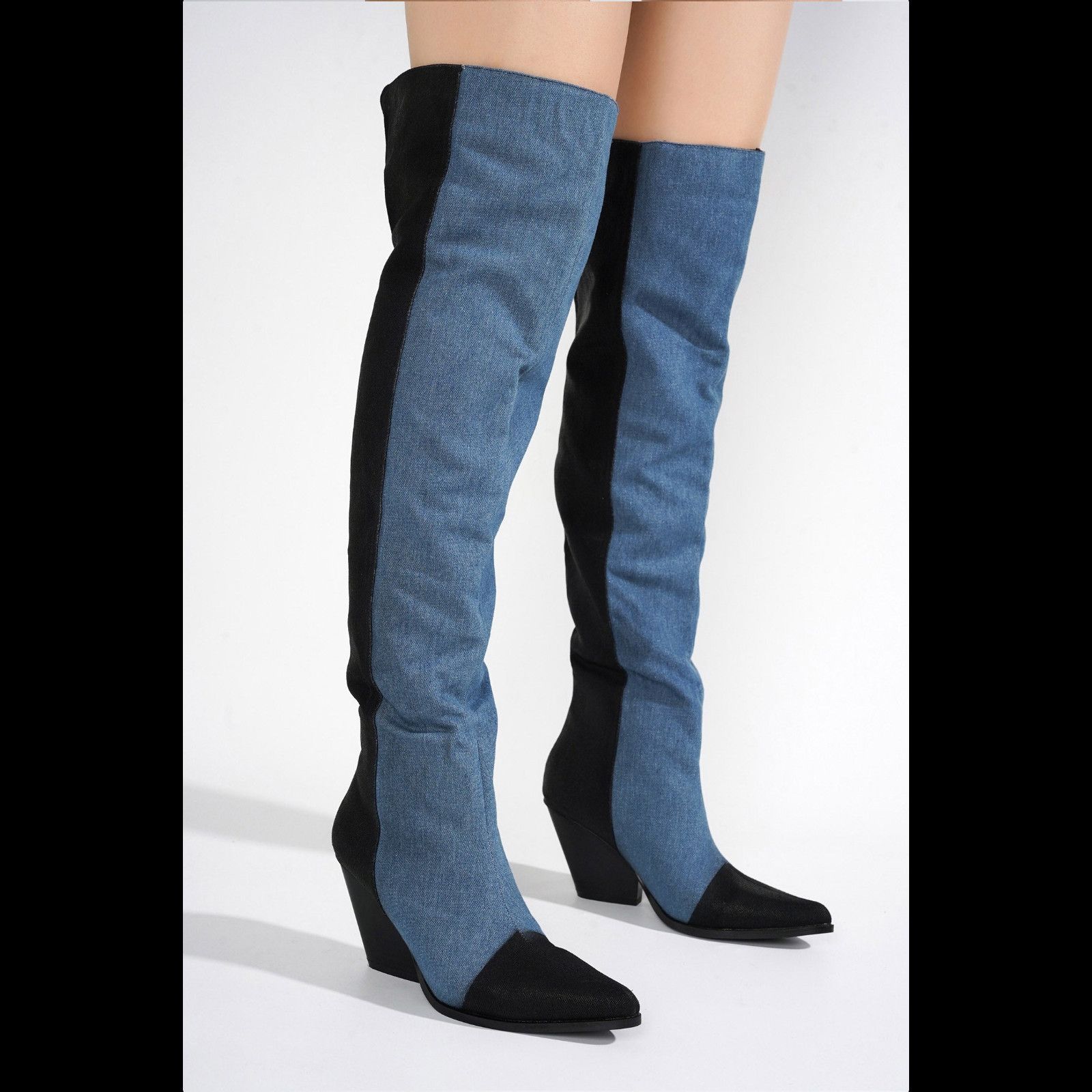 Other Iowa Denim 2 Tone Western Cowgirl Pull On Thigh High Boots ( Size US 7 / IT 37 - 3 Thumbnail