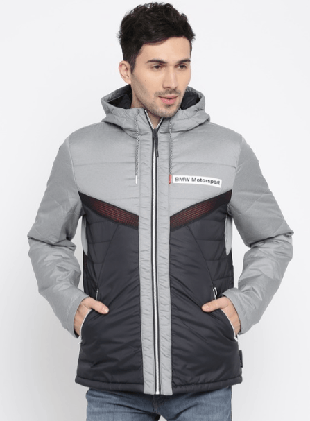 image of Bmw Motorsport Hooded Puffer Jacket in Grey/Navy, Men's (Size Large)