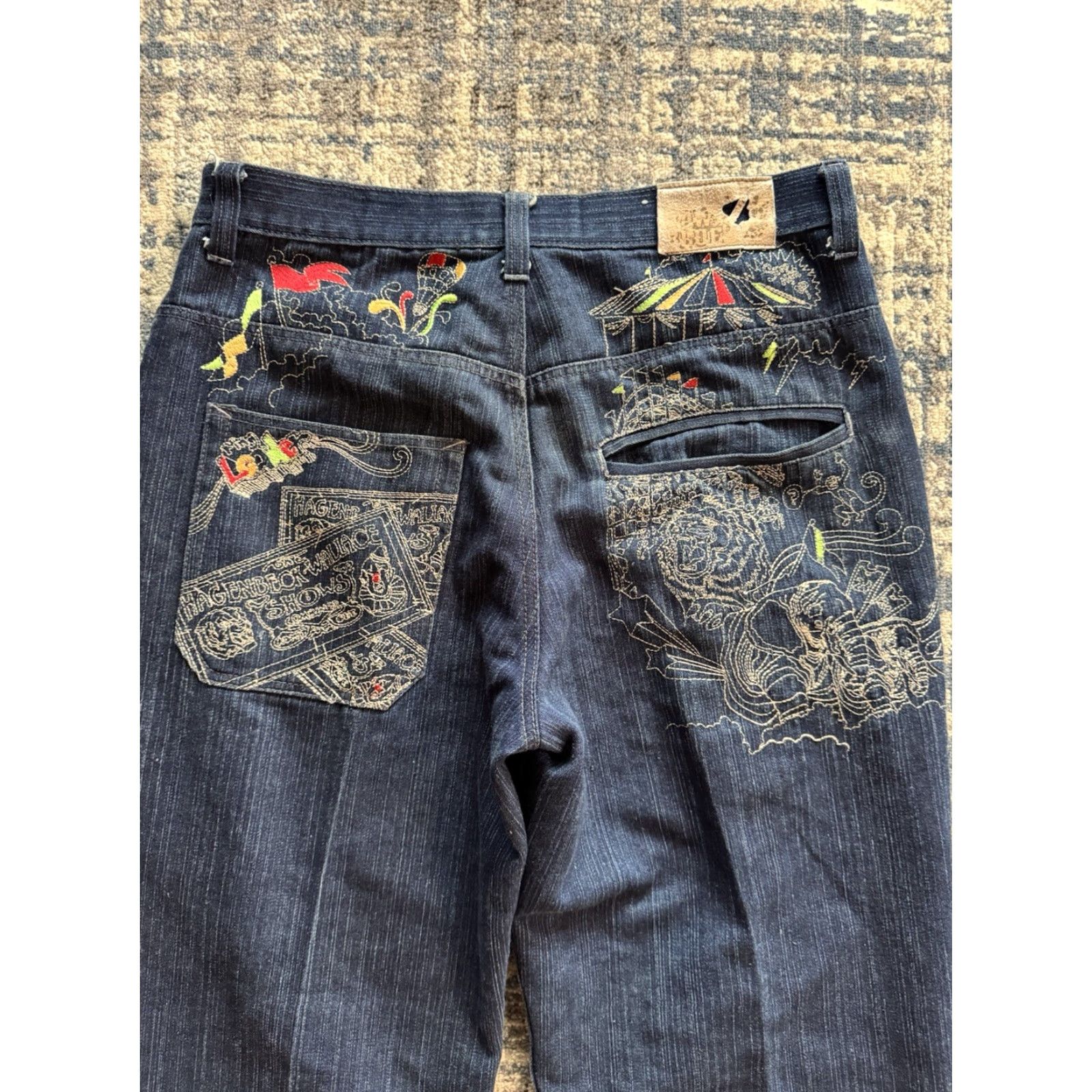 Vintage VINTAGE Raw Blue Embroidered Circus Indigo Blue Baggy Jeans 36 x 32 Streetwear 90s Grunge Hip Hop Size US 36 / EU 52 - 2 Thumbnail
