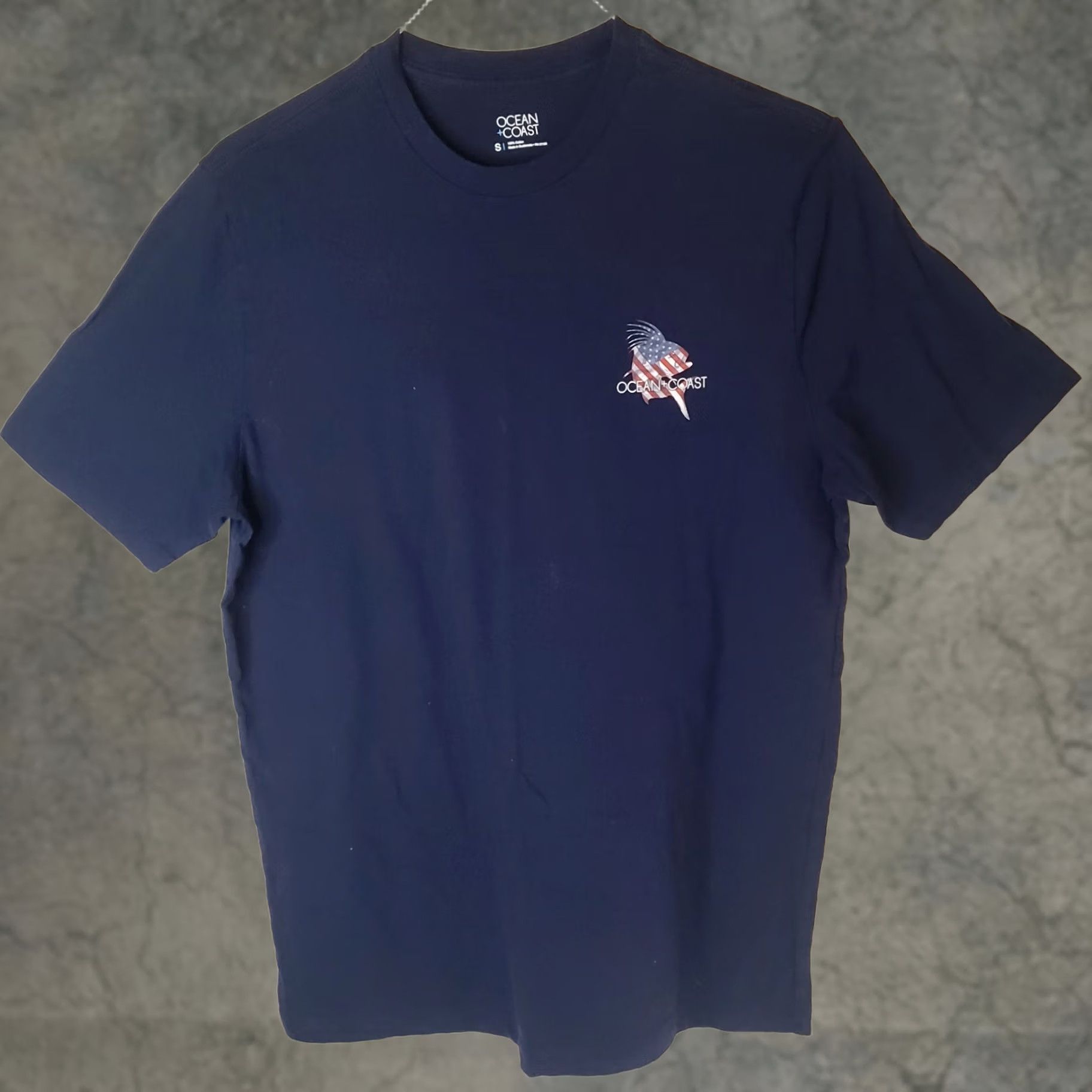 Vintage Ocean + Coast Mens S Navy Blue SS T-Shirt American Flag Roosterfish Size US S / EU 44-46 / 1 - 1 Thumbnail