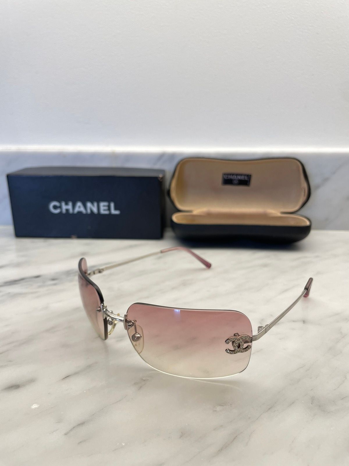 Chanel 4017-D Crystal CC Logo Rimless Sunglasses Clear