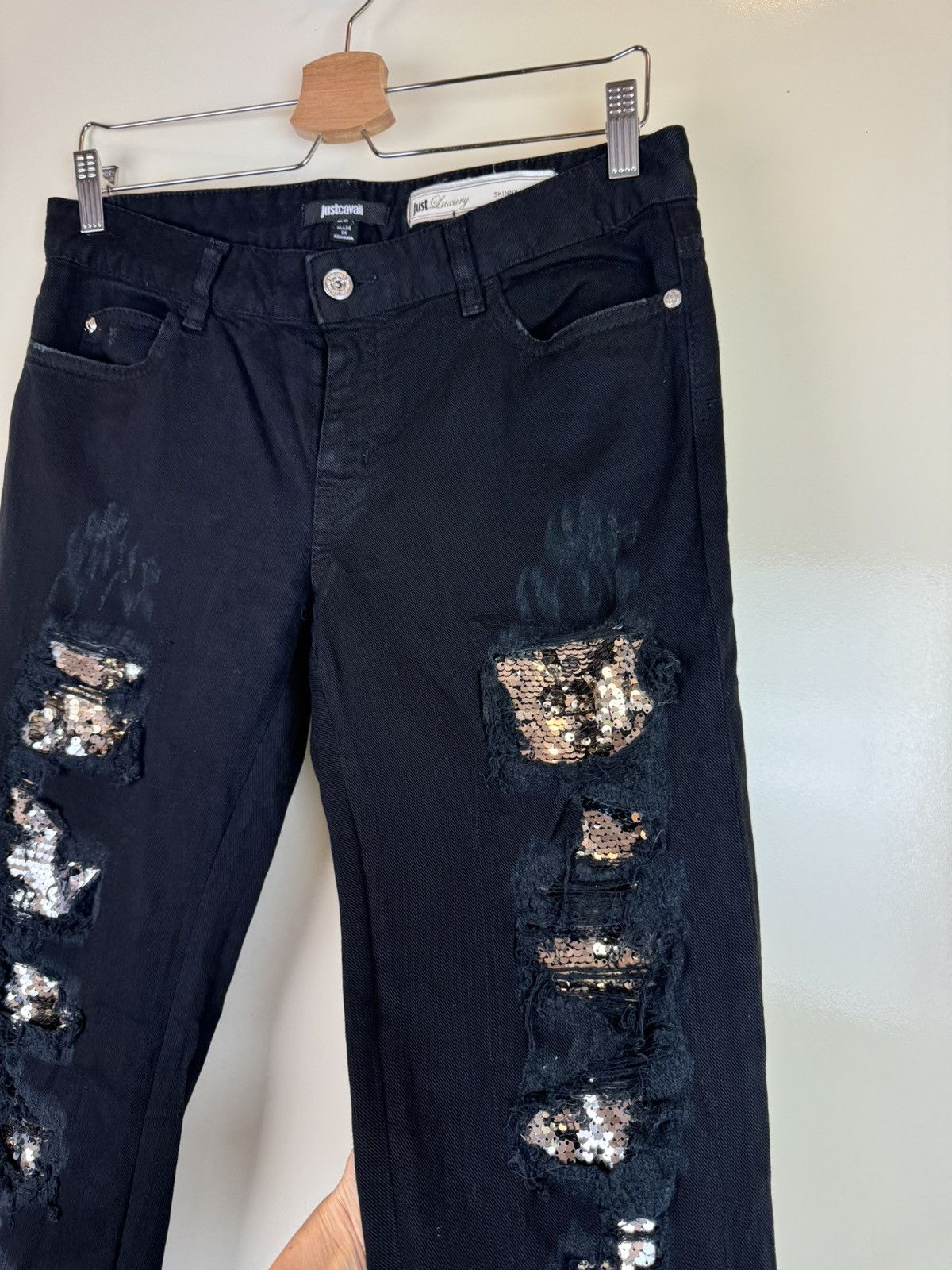 Just Cavalli Roberto Cavalli Y2K streetwear jeans sequins distressed 29 Size 29" - 5 Thumbnail