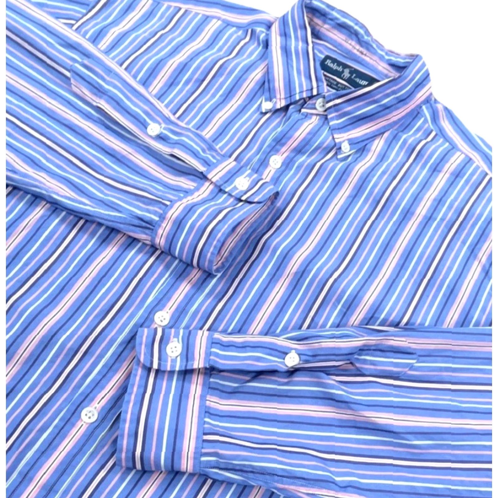 Ralph Lauren Ralph Lauren Shirt Men Large Blue Pink Button Up Striped Two Ply Poplin Dress A5 - Casual Everyday Wear Size 42R - 3 Thumbnail