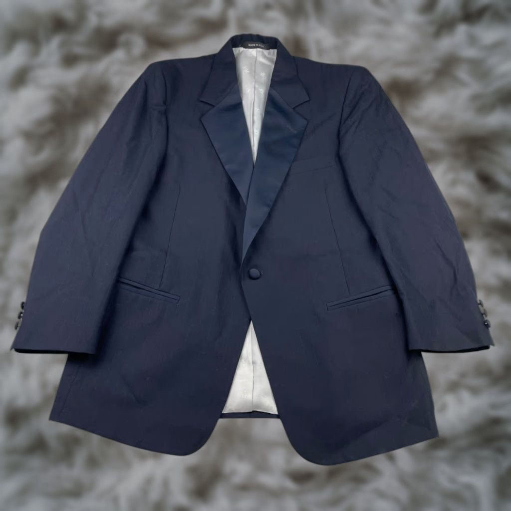Vintage VINTAGE Lord West Tuxedo Suit Navy Blue 2 Piece Mens 42R Jacket 1-Button Pants 32x30 Wool Satin Peak Lapel US Size 42R - 1 Thumbnail
