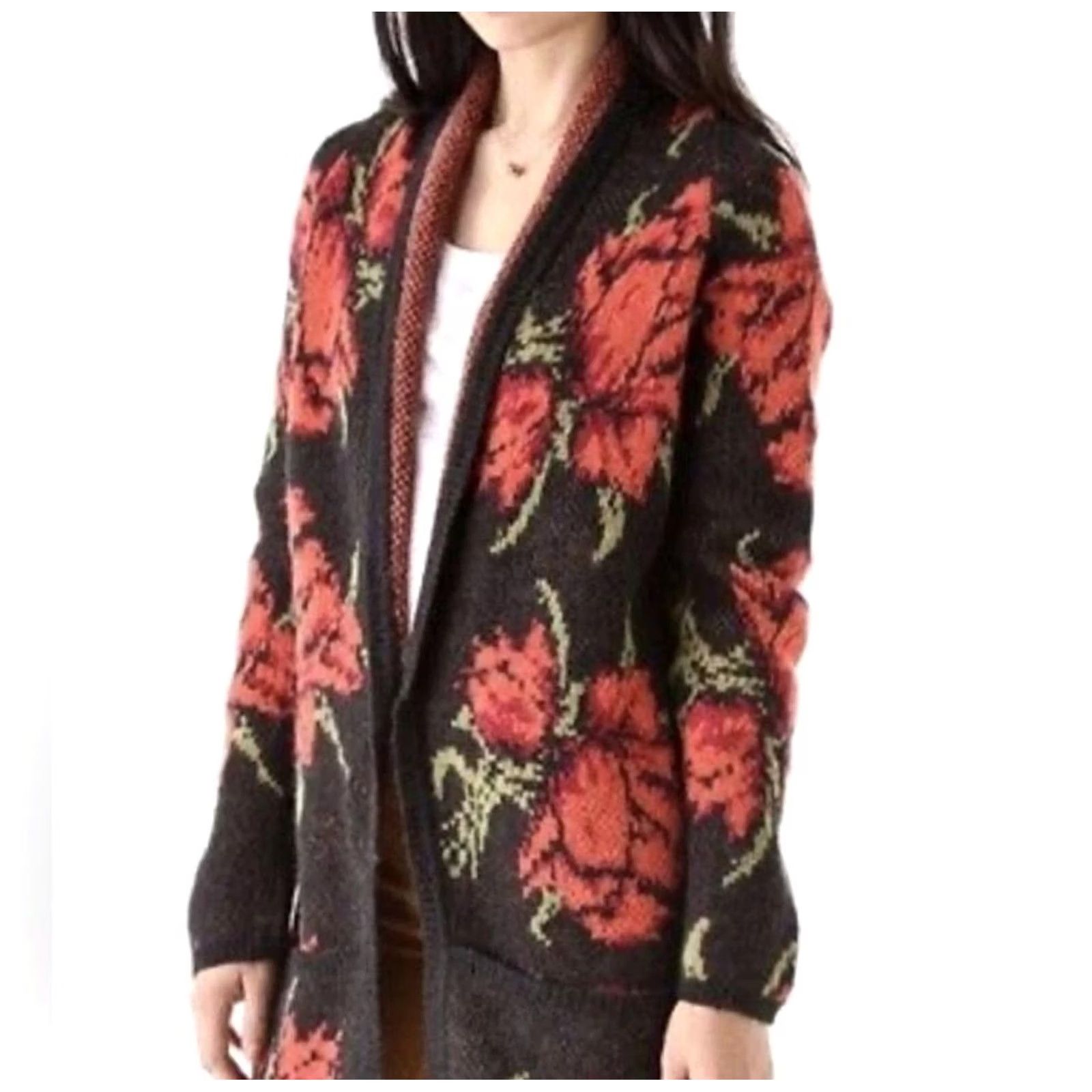 Free People Free People Sweater Cardigan Womens Small Black Floral Long Open-Front Alpaca Blend Boho Size S / US 4 / IT 40 - 3 Thumbnail