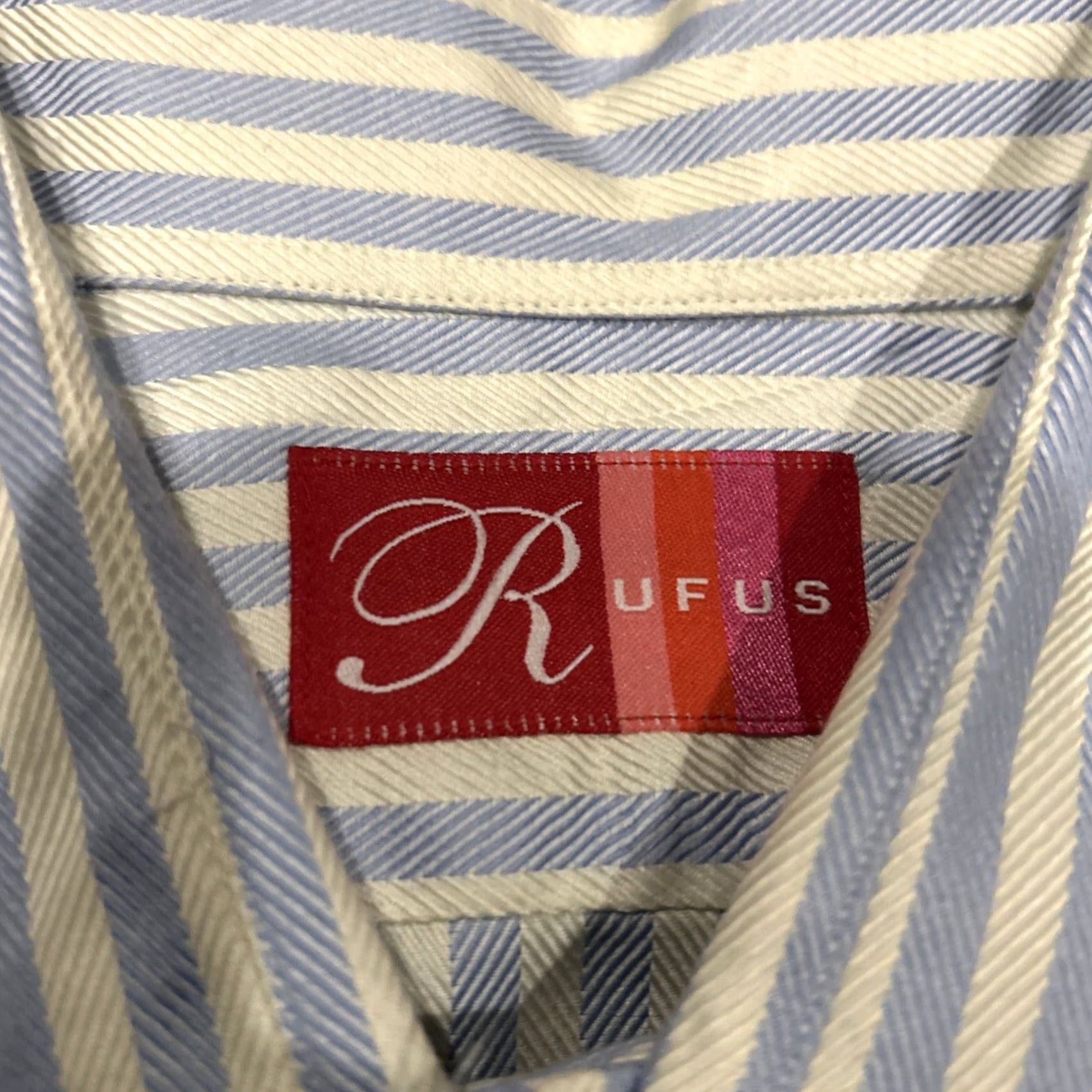 Vintage Rufus Dress Shirt Mens XL Blue White Striped Button Up USA Made Cotton Long Sleeve Collared Spread Barrel Cuff Vintage No Size 46R - 2 Thumbnail