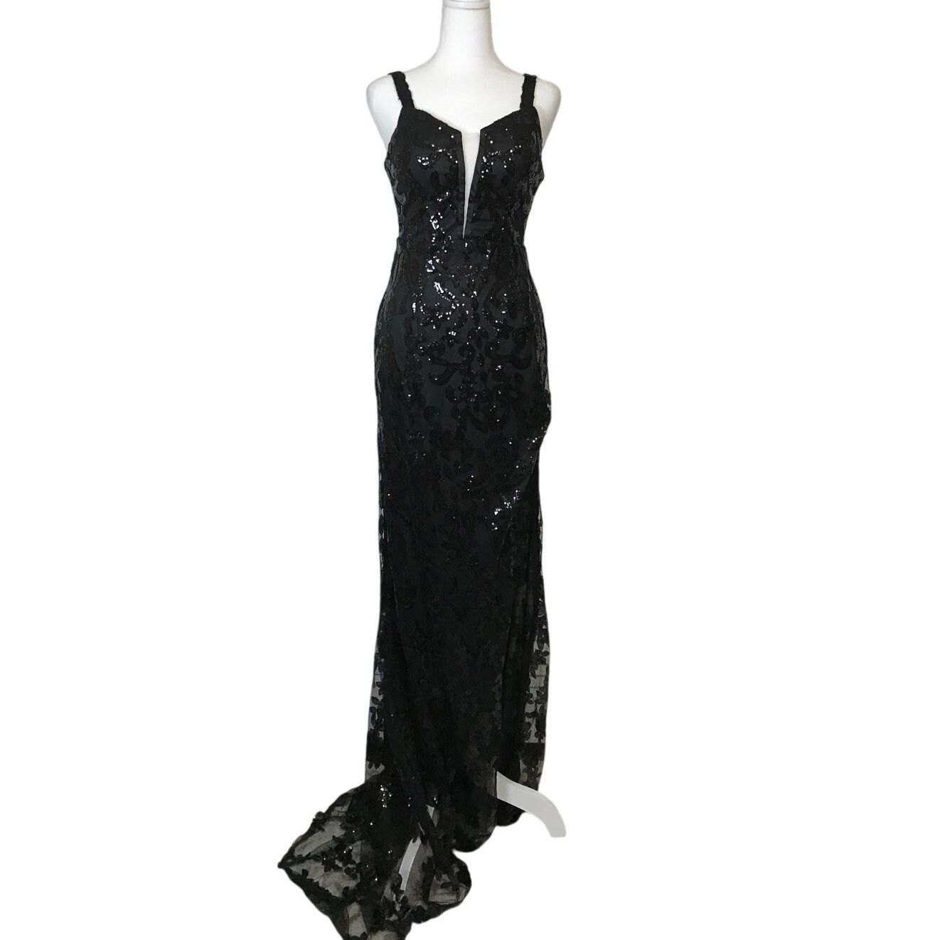 Black Sequins Lace Formal Long Bodycon Mermaid Dress 4