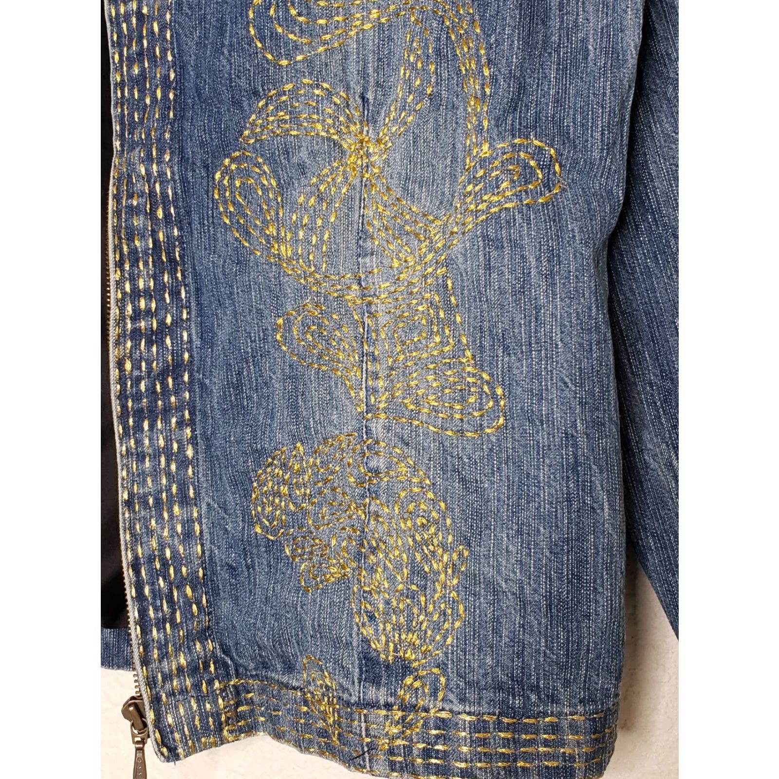 Vintage Chicos Jean Jacket Sz 1 Blue Denim Long Sleeve w/Gold Embroidery Full Zip Collar Size XS / US 0-2 / IT 36-38 - 3 Thumbnail