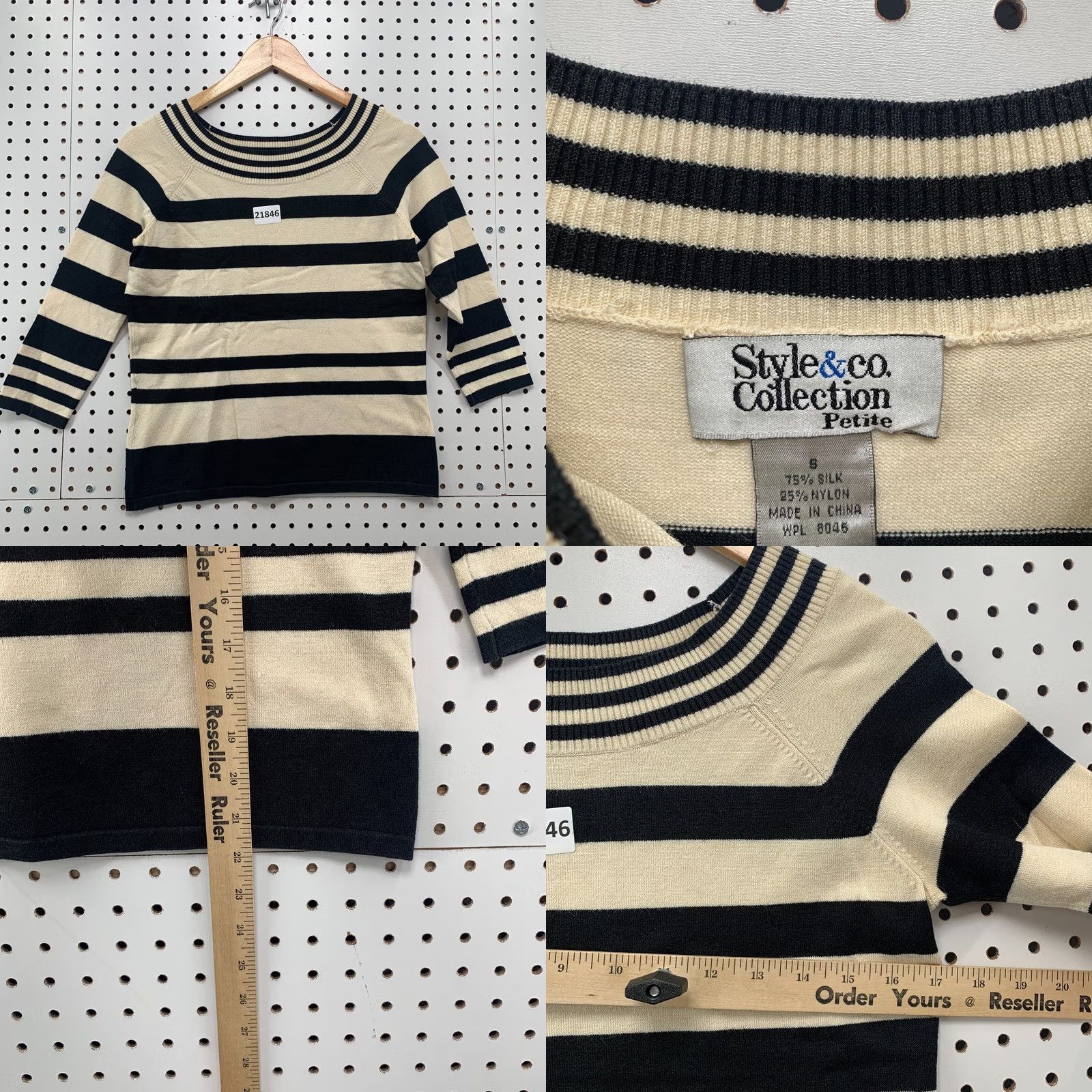 Vintage Style & Co. Collection Petite Striped Top Womens PS Black Silk Blend Shirt Size S / US 4 / IT 40 - 8 Thumbnail