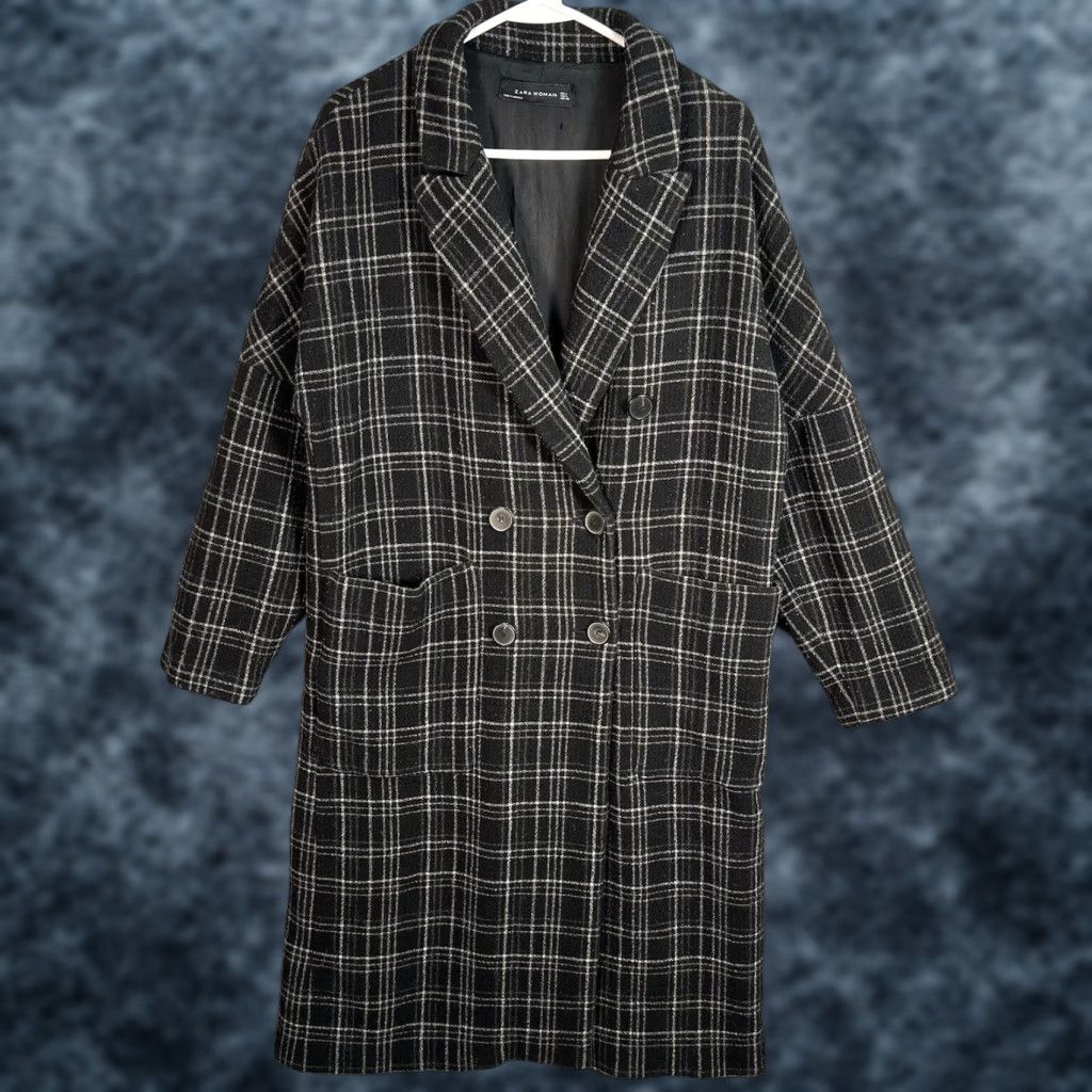 Zara VINTAGE ZARA Black Wool Blend Checked Double Breasted Pea Coat Adult Womens Large Size L / US 10 / IT 46 - 1 Thumbnail