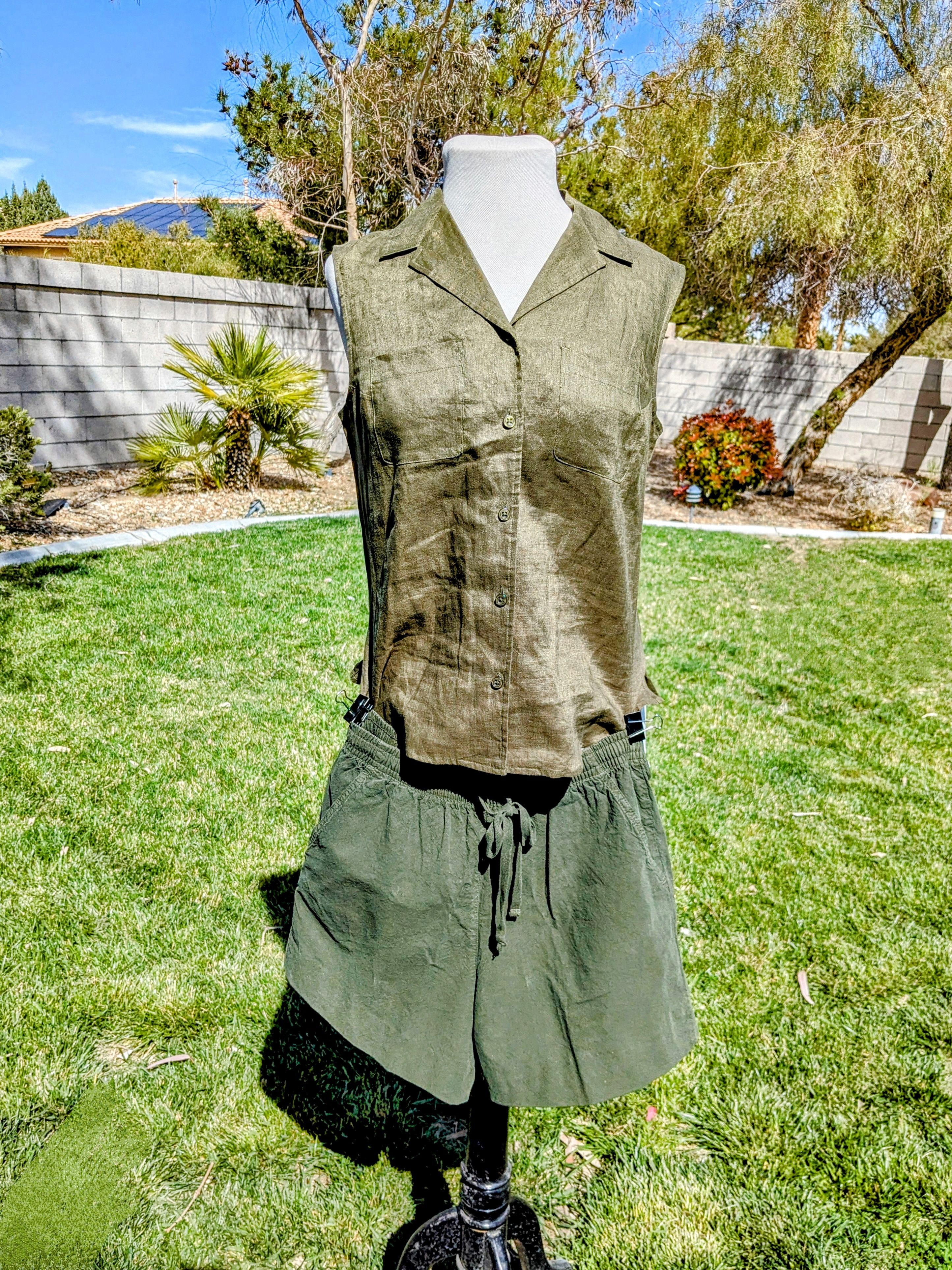 Designer Olive Button Sleeveless Shirt+Petite Shorts 2pc Outfit Set Size S / US 4 / IT 40 - 1 Thumbnail