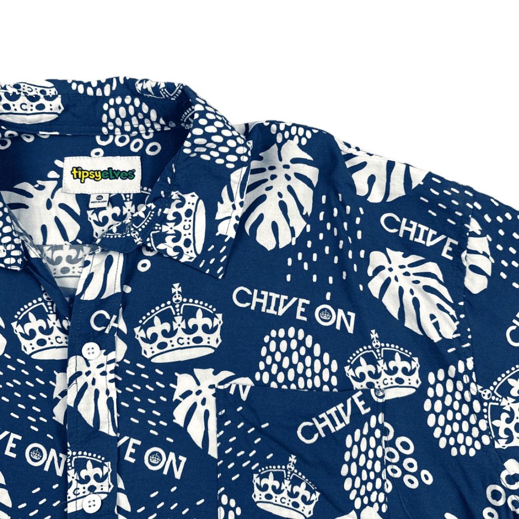 Vintage Chive On Hawaiian Shirt Blue White Botanical Crown Tipsy Elves Adult 2XL Shirt Mens Short Sleeve Button-Up Cotton Blend Graphic Print Vintage No Size US XXL / EU 58 / 5 - 3 Thumbnail