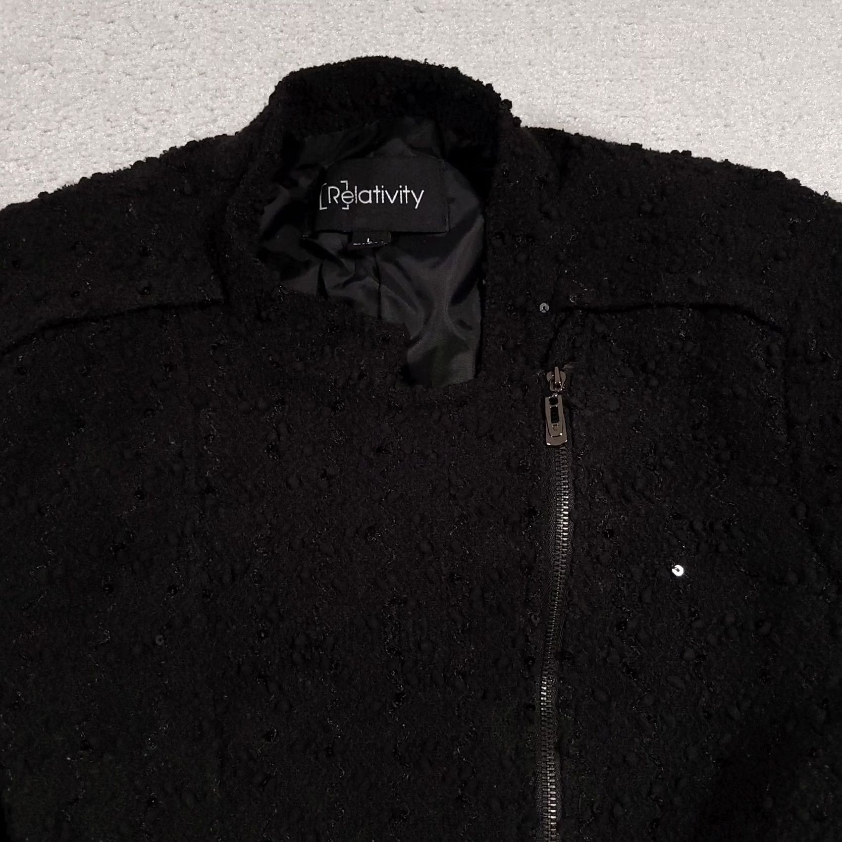 Vintage VINTAGE Relativity Full Zip Jacket Women Large Black Textured Sequin L/S Lined Pockets Size L / US 10 / IT 46 - 3 Thumbnail
