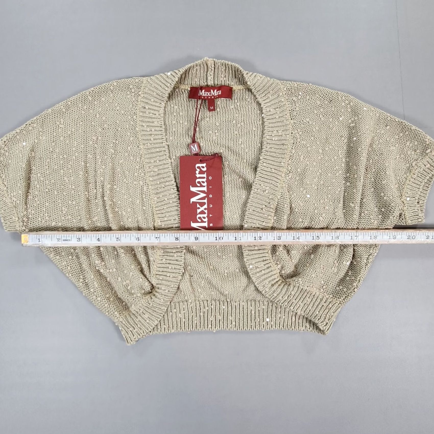 Vintage Weekend Max Mara Cardigan Womens Cropped Sequin Bolero Beige Medium V-Neck Short Sleeve Knit Jumper Size M / US 6-8 / IT 42-44 - 5 Thumbnail