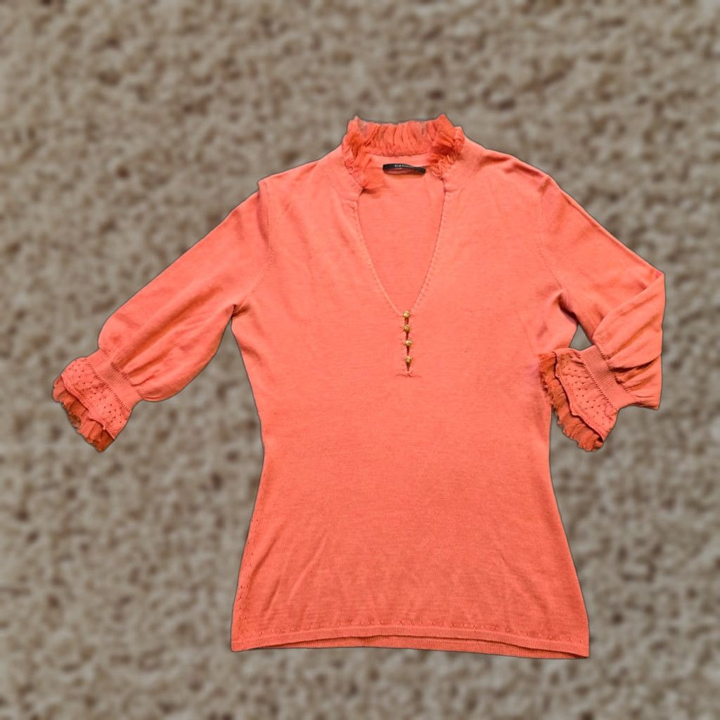 Elie Tahari Elie Tahari Sweater Womens XS Orange Silk Knit Ruffle Trim V-Neck Fitted Pullover Short Sleeve Size XS / US 0-2 / IT 36-38 - 1 Thumbnail