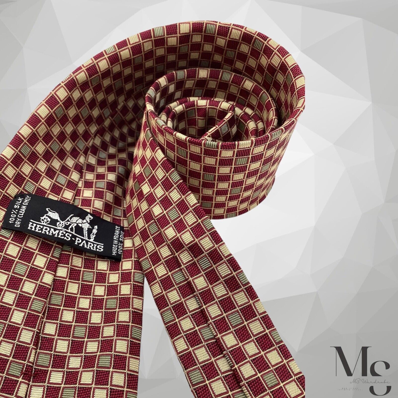 Hermes HERMES PARIS Burgundy & Yellow Geometric Silk Tie France Size ONE SIZE - 3 Thumbnail