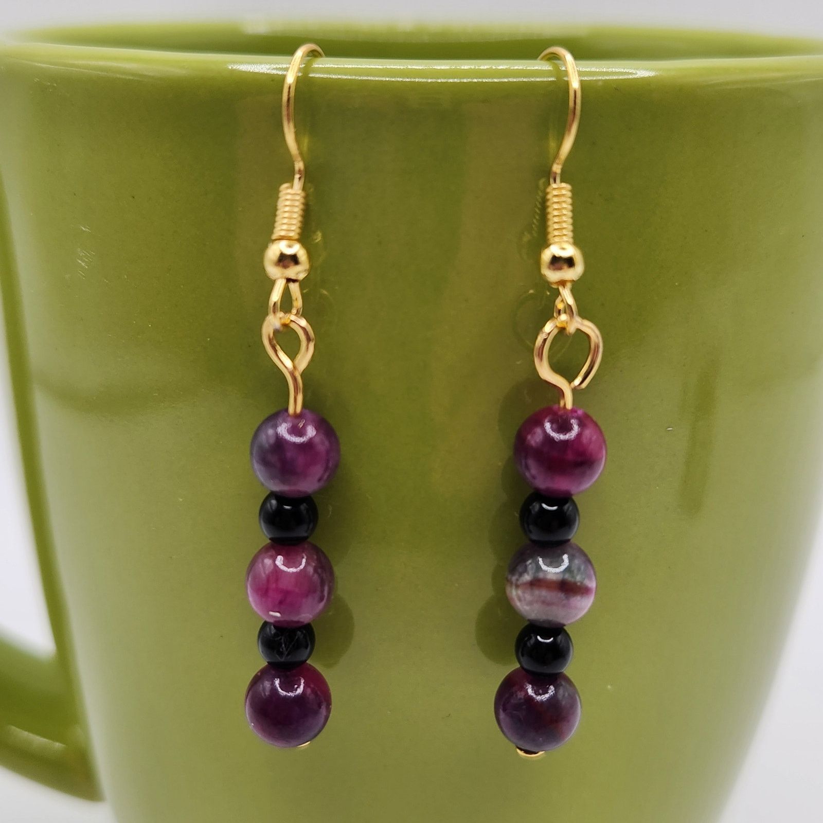 Other Handmade Beaded Dangle Earrings Jade and Black Amethyst 2" Size ONE SIZE - 5 Thumbnail