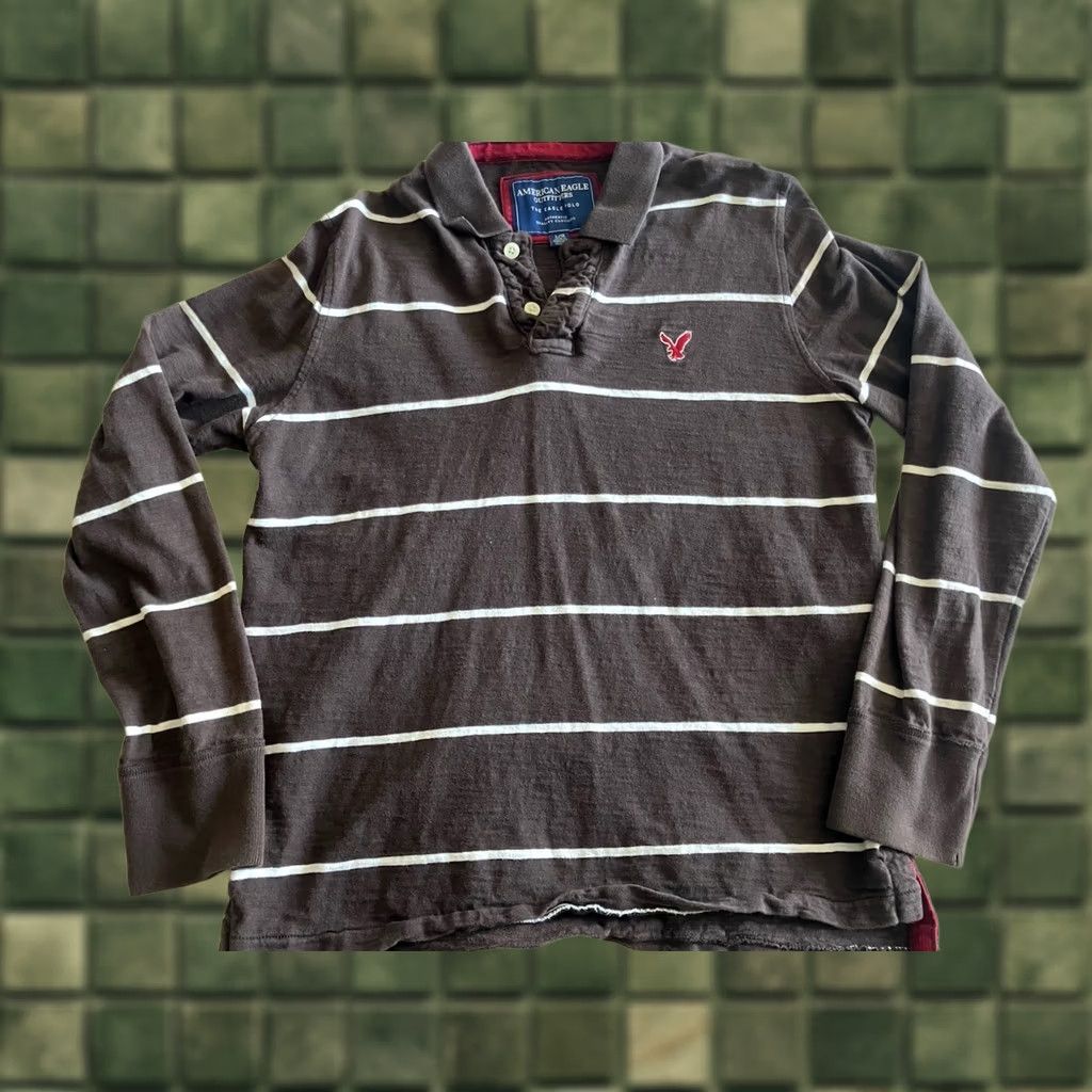 American Eagle Outfitters American Eagle Mens Polo Shirt Long Sleeve Brown Striped Eagle 1829 L Size US L / EU 52-54 / 3 - 1 Thumbnail