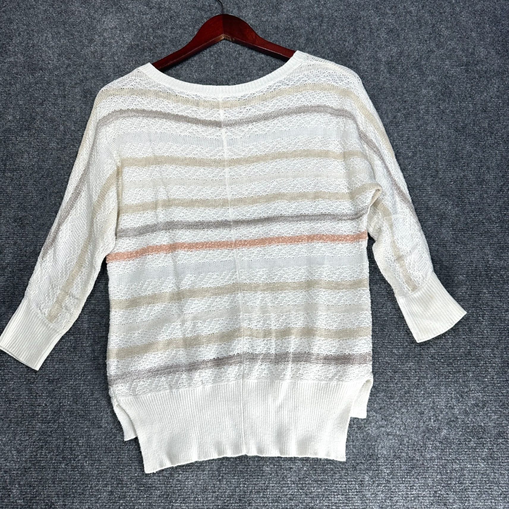 Loft LOFT Sweater Women XS White Striped Open-Knit Pockets Cotton Linen Knit Pullover Round Neck Regular Long Sleeve Vintage: No Size XS / US 0-2 / IT 36-38 - 7 Thumbnail